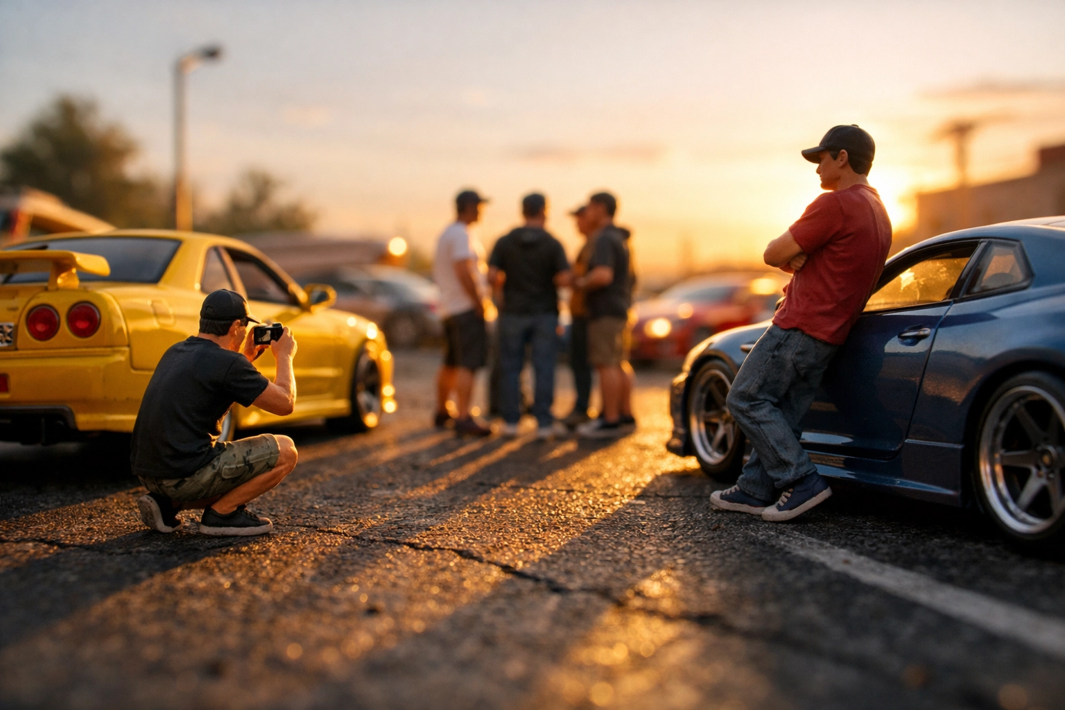 Realistic 1/64 scale car meet diorama showing miniature figures interacting with diecast cars.
