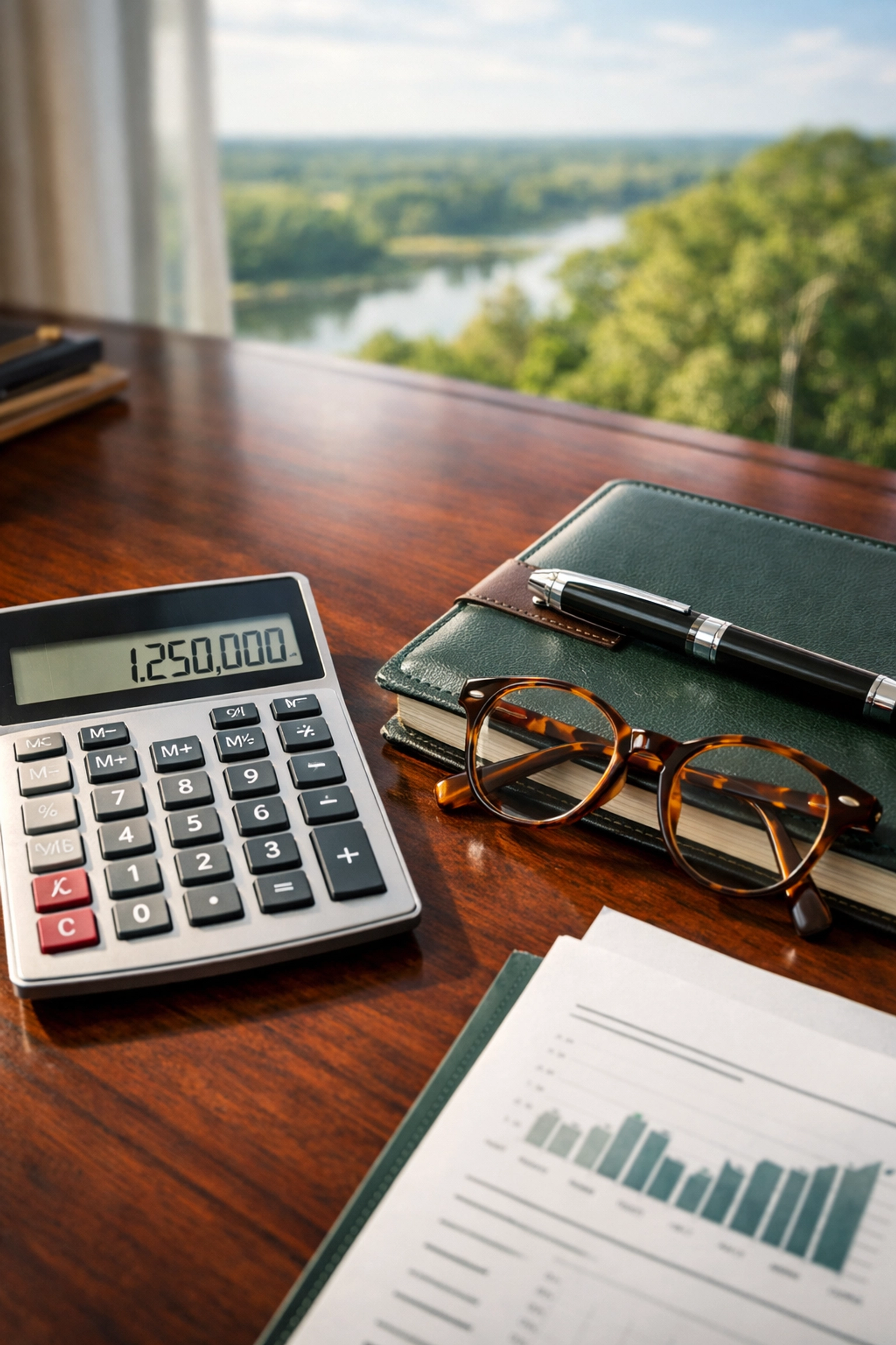 Professional desk with calculator and notebook overlooking a green Mississippi landscape, symbolizing business valuation.