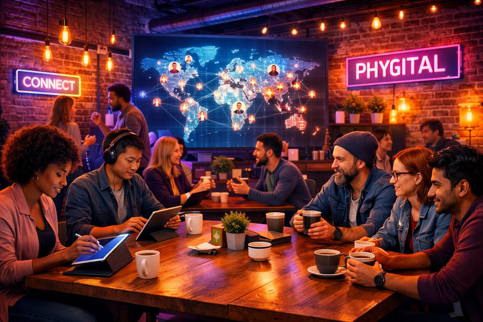 Diverse group collaborating in a brand community hub, bridging digital and physical customer experiences.