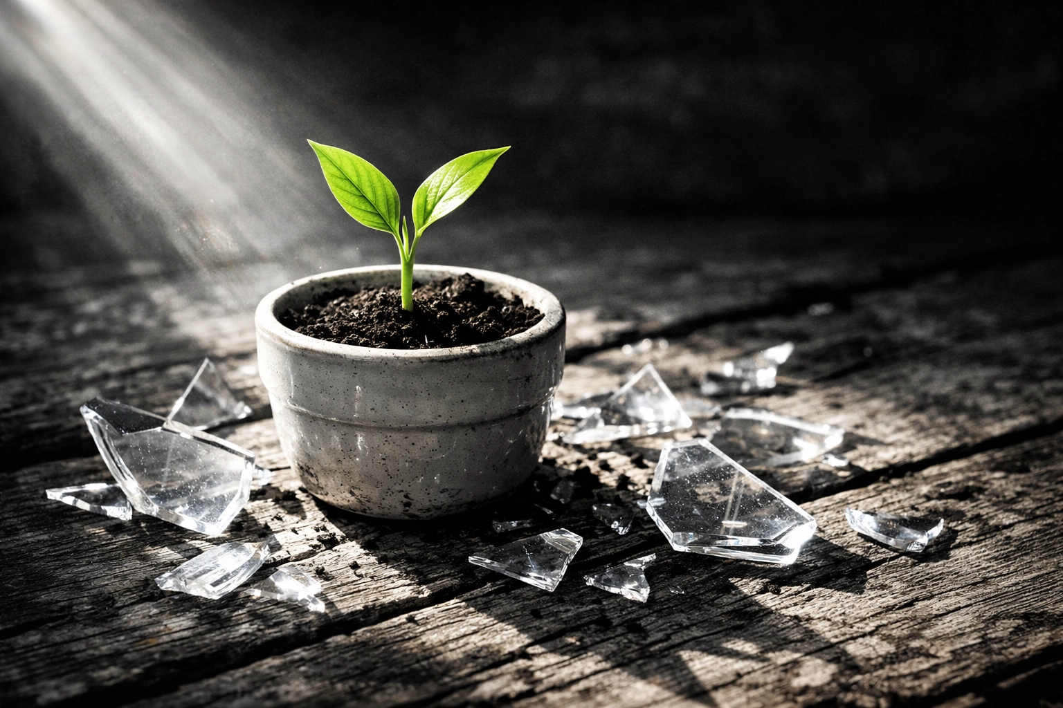 A small green plant growing through shards of broken glass, symbolizing hope and recovery.