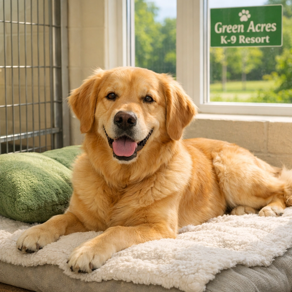 Relaxed dog resting comfortably in professional pet sitting facility in Portland