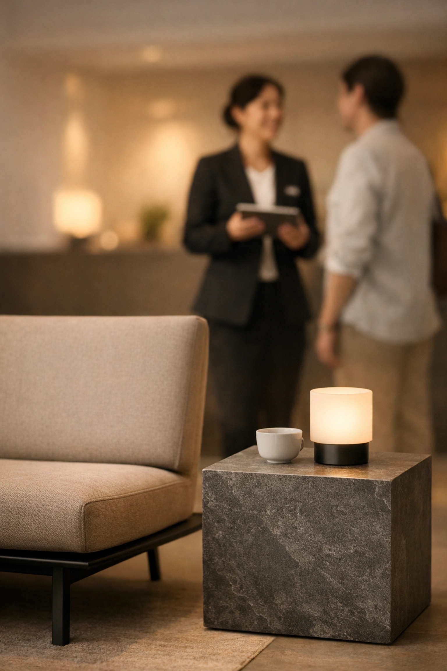 Boutique hotel staff using a tablet to enhance the guest experience in a quiet lobby lounge.