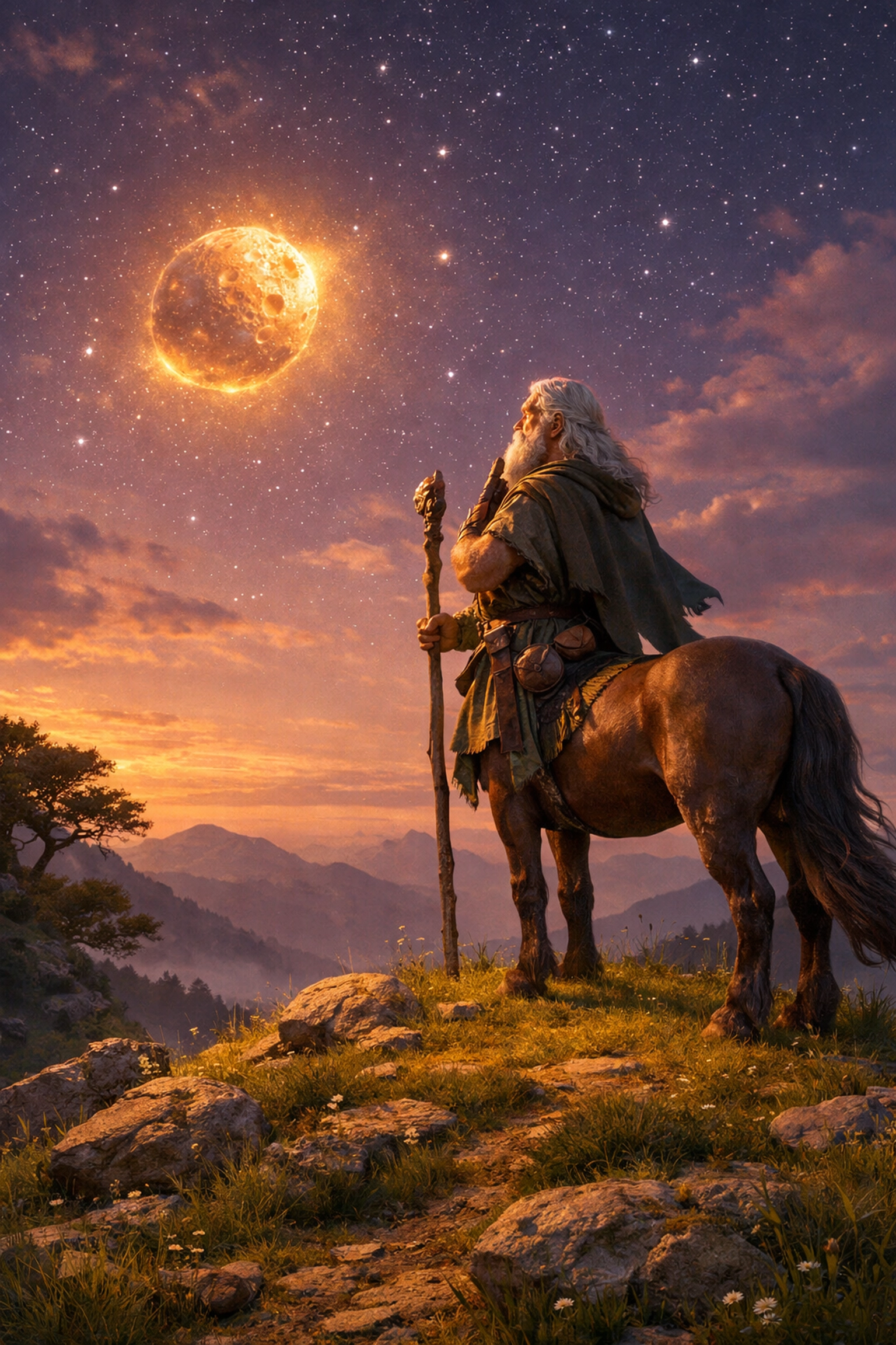 Wise centaur looking at a glowing star, symbolizing the Chiron sign and the wounded healer archetype.
