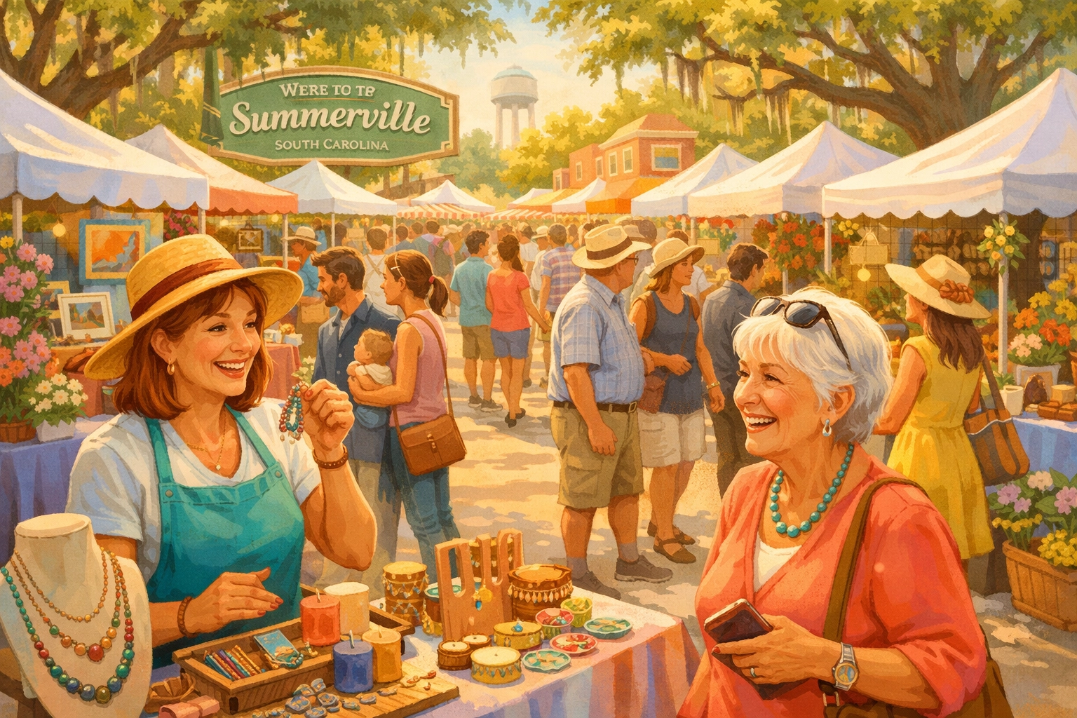 Vendor engaging with target customers at busy outdoor market in Summerville