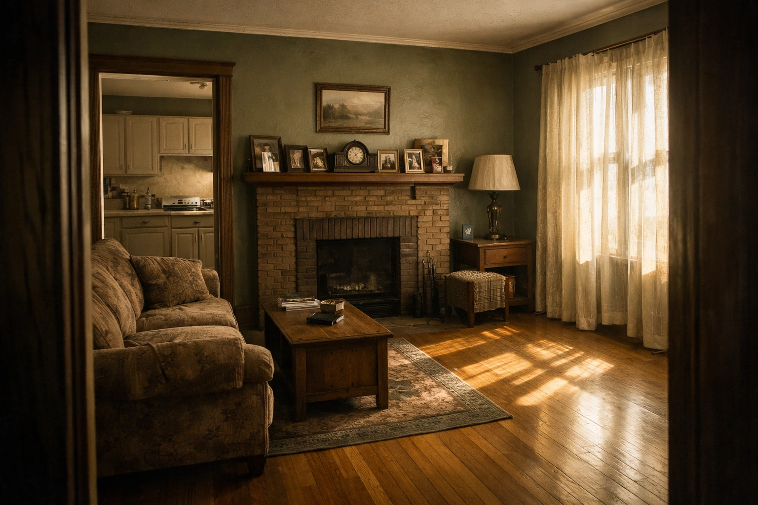 Empty Chicago bungalow living room with family memories in an inherited Cook County home