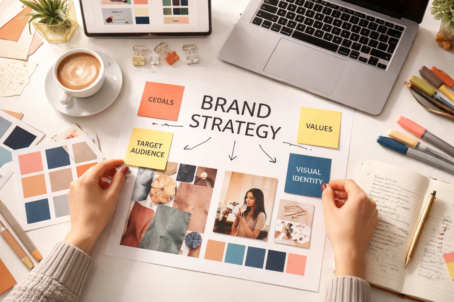 Creative workspace with sticky notes and brand materials highlights consistency in multichannel strategies.