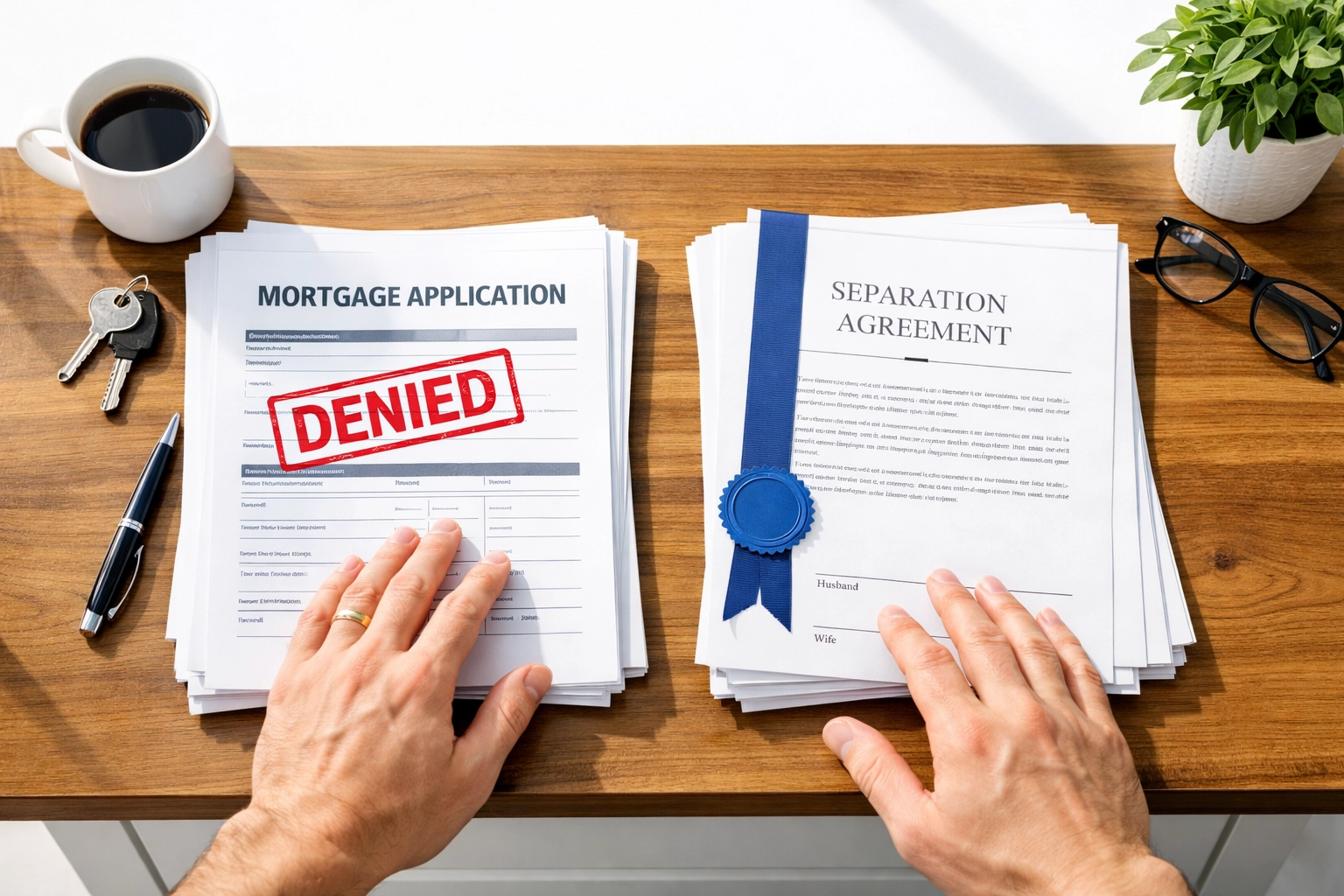 Denied mortgage application beside separation agreement showing lender requirements for separated buyers