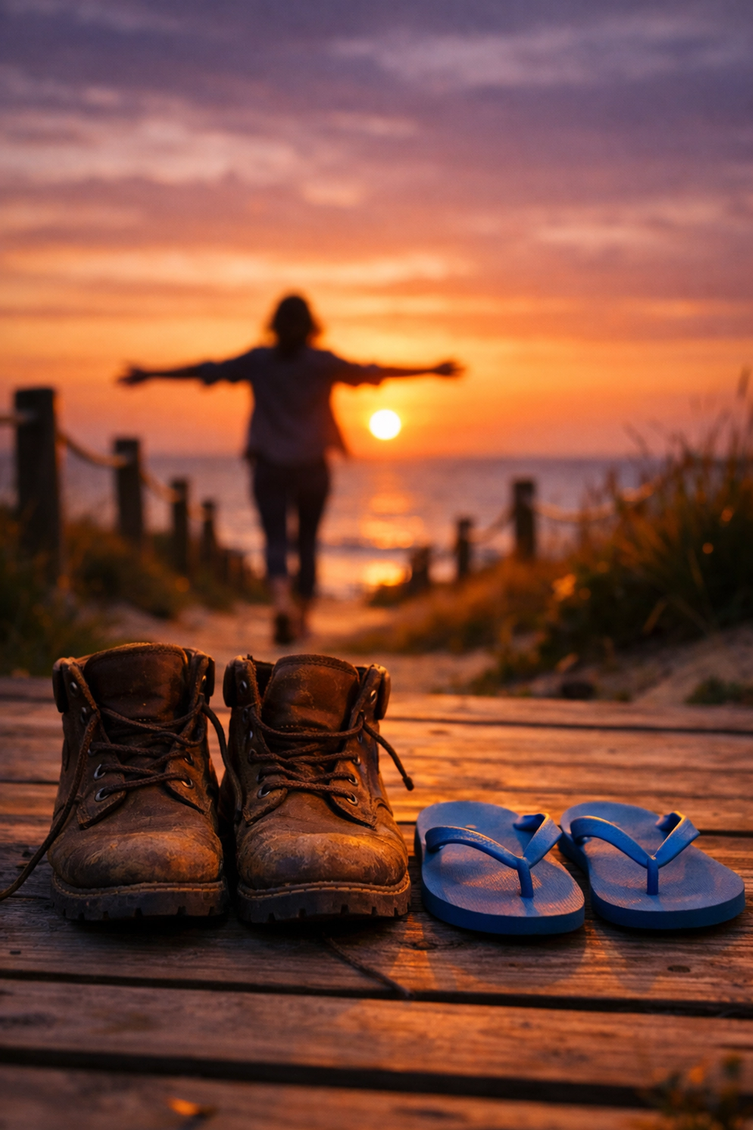 Work boots and flip-flops on a coastal boardwalk, symbolizing freedom from business payroll management.