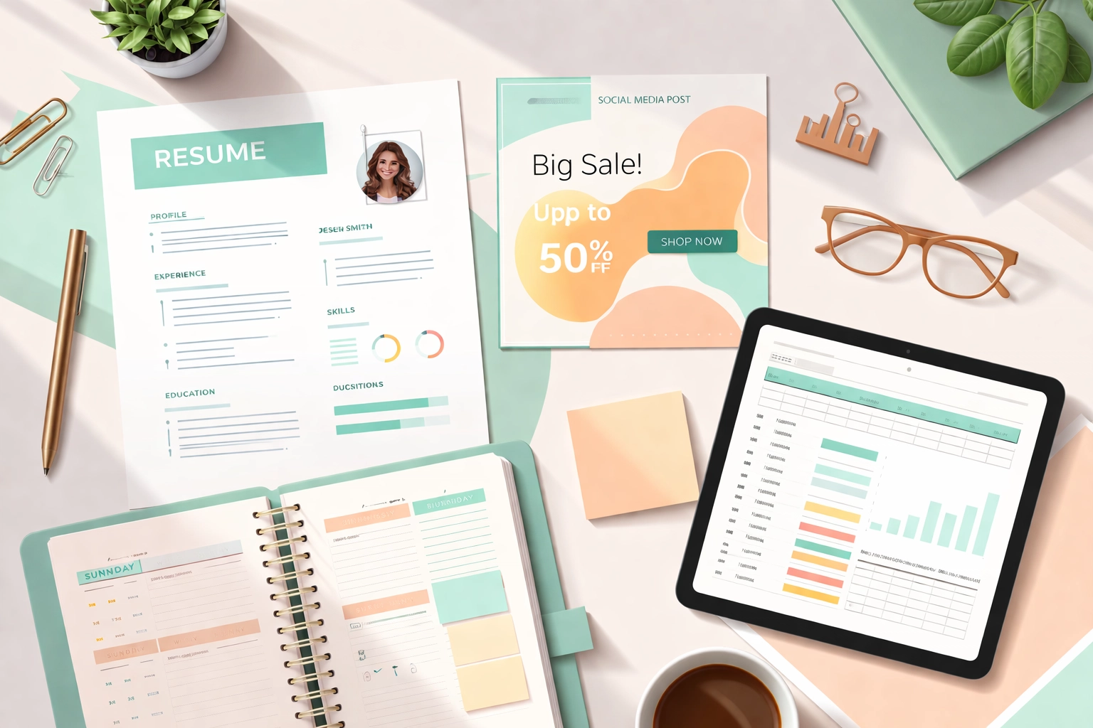 Flat-lay arrangement of digital templates including resume, social media posts, planner, and spreadsheet