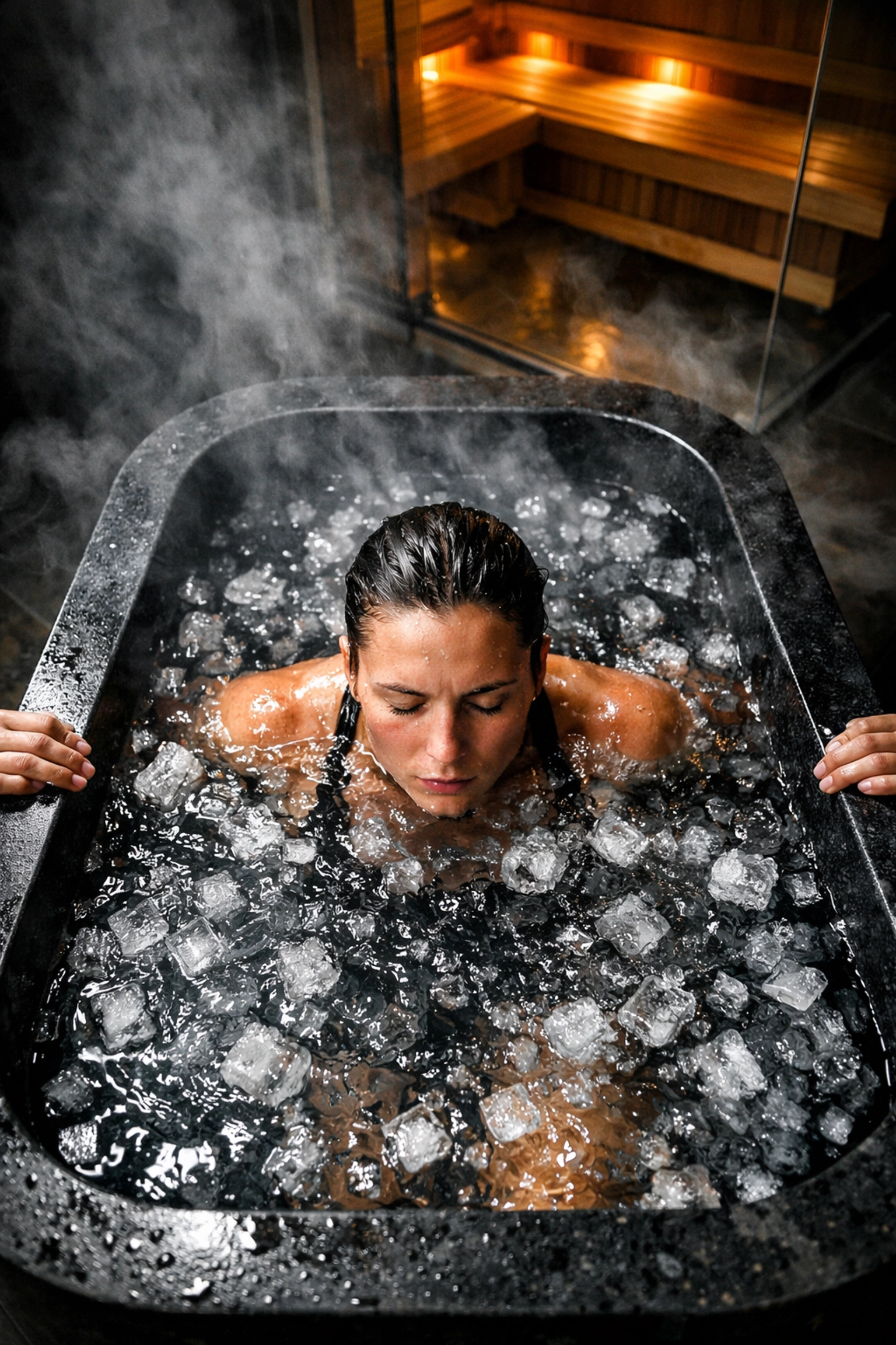 Person using a cold plunge and sauna for hormetic stress to trigger anti-aging biological mechanisms.