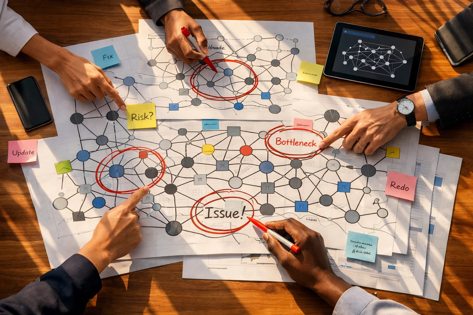Team collaborating on AI governance strategy with dependency diagrams and network maps