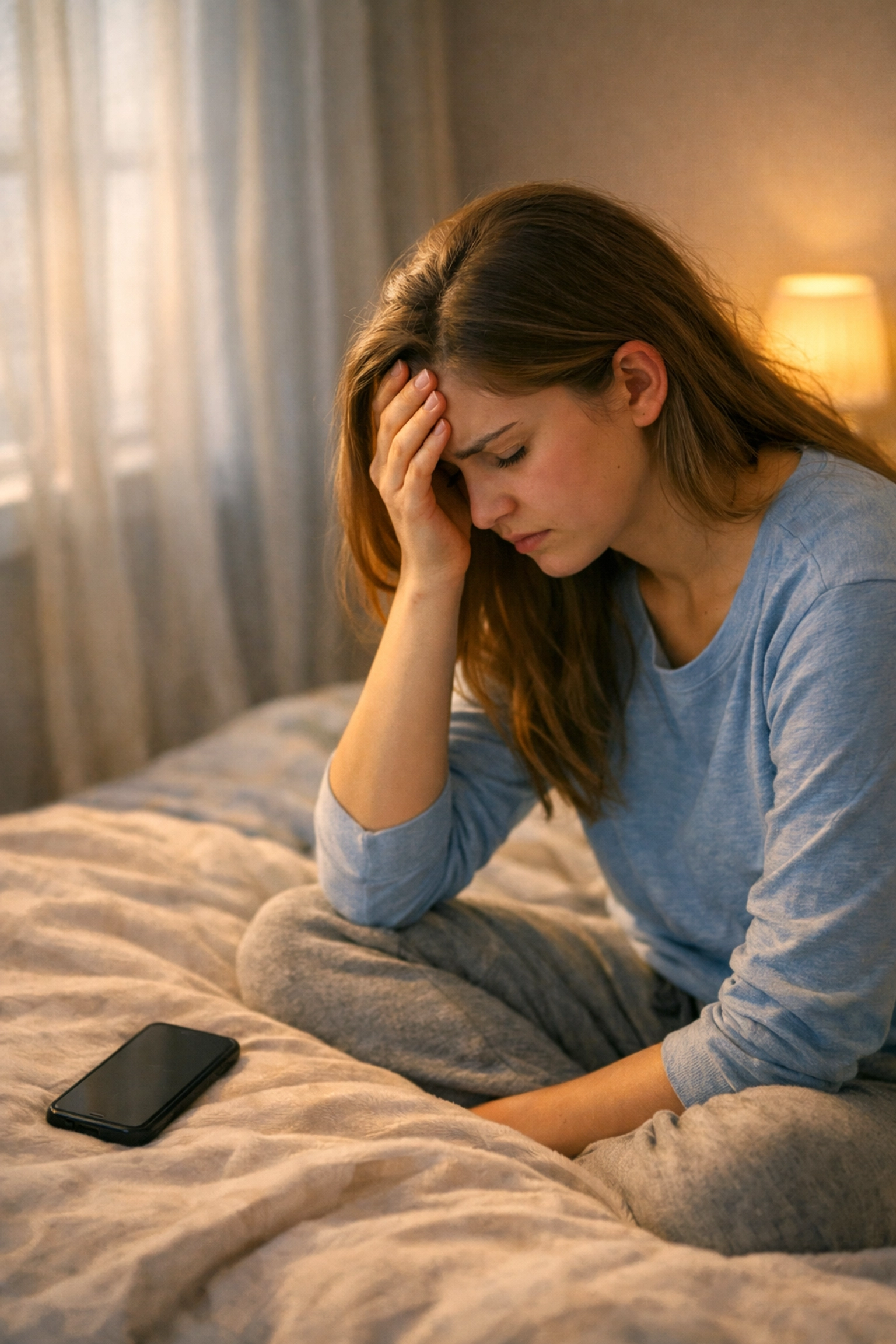 Teenage girl experiencing physical discomfort and headache from Instagram anxiety while sitting on bed