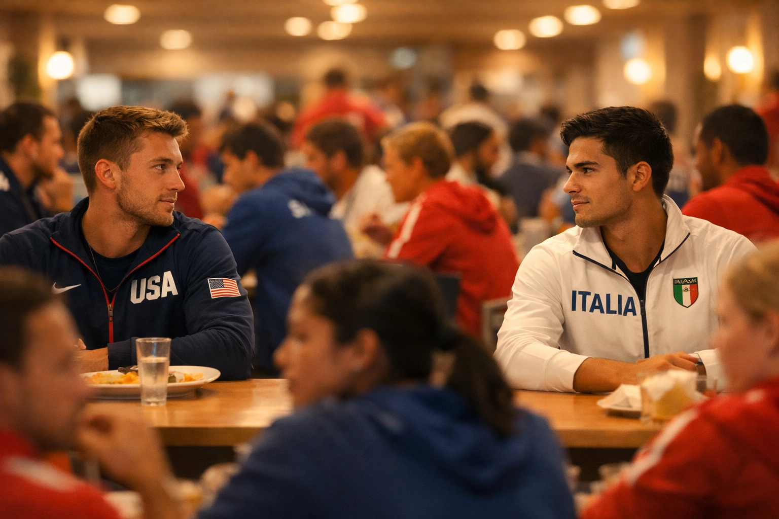 Two male athletes sharing secret glance across Olympic Village dining hall