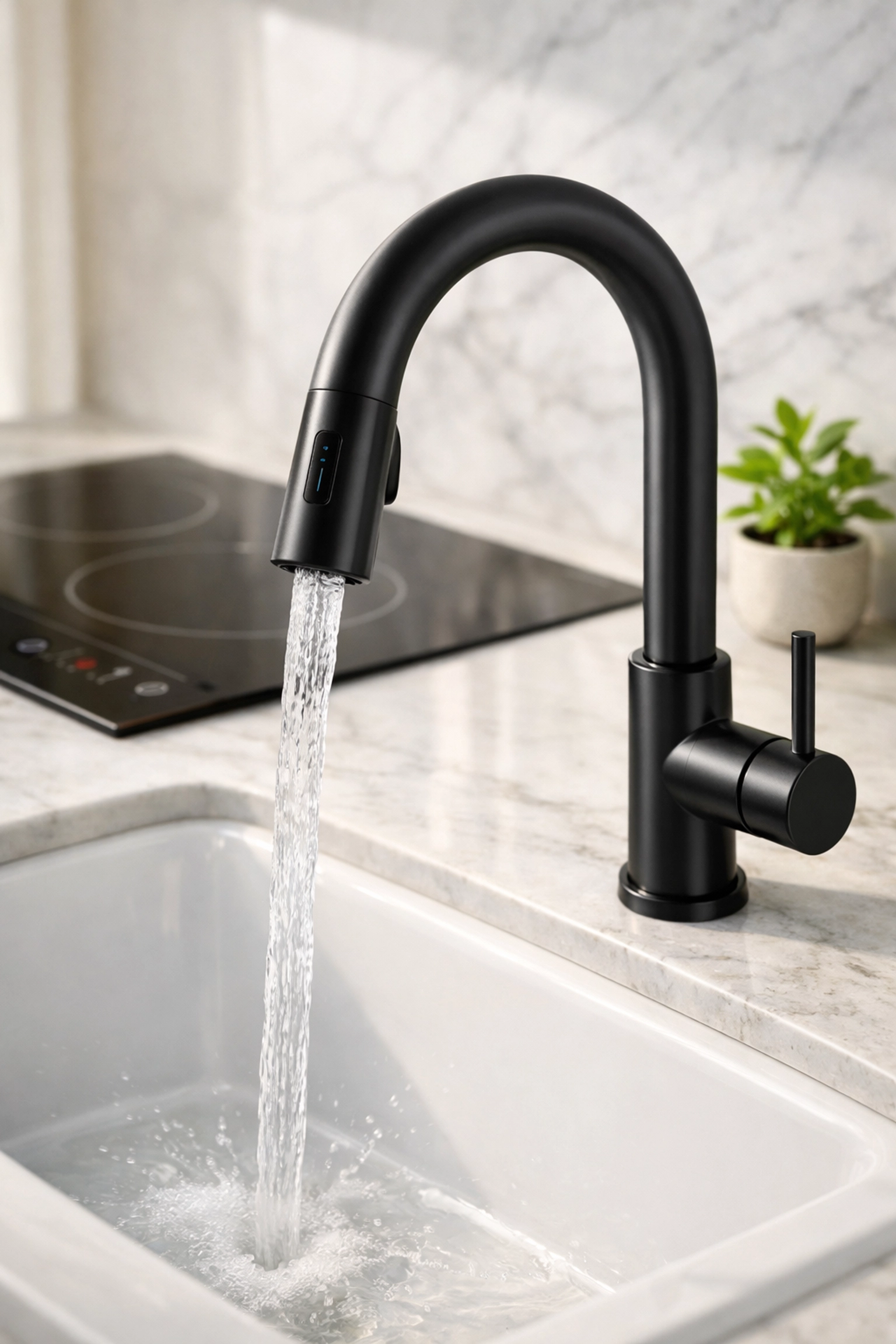Energy-efficient smart faucet and induction cooktop in a modern, sustainable Gilbert kitchen remodel.