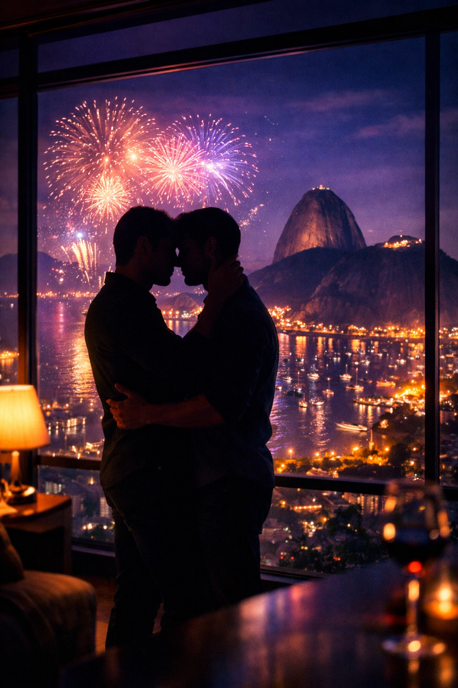 Romantic silhouette of two men embracing with Rio's Sugarloaf Mountain and Carnival fireworks