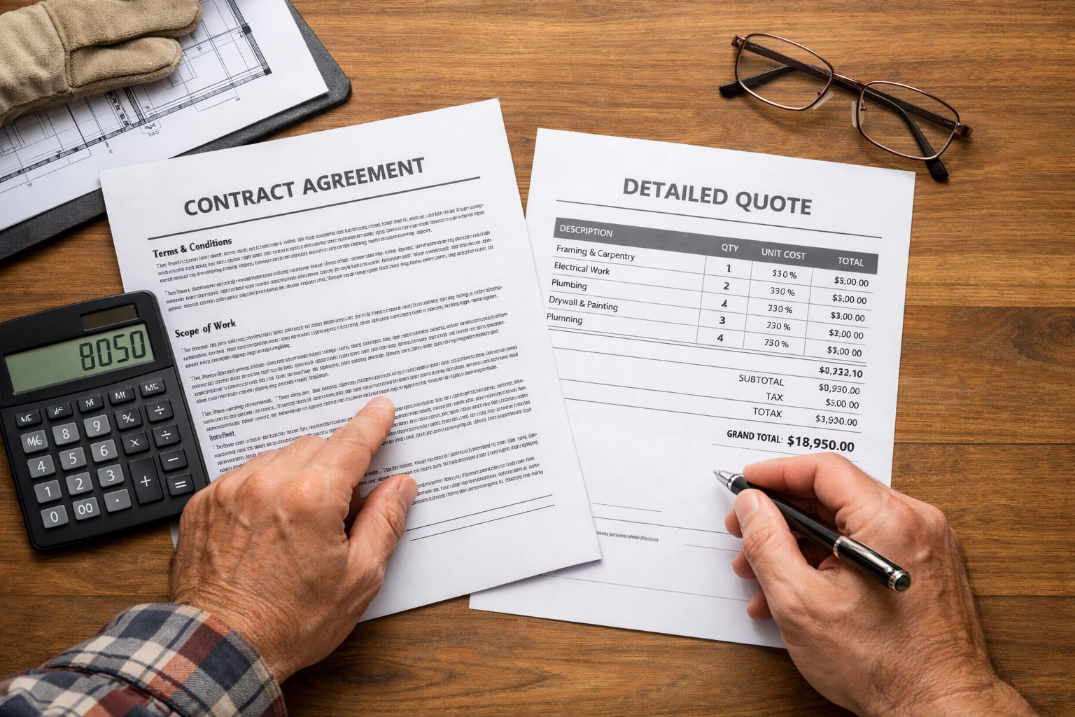 Reviewing building contract documents and quotes for home extension project