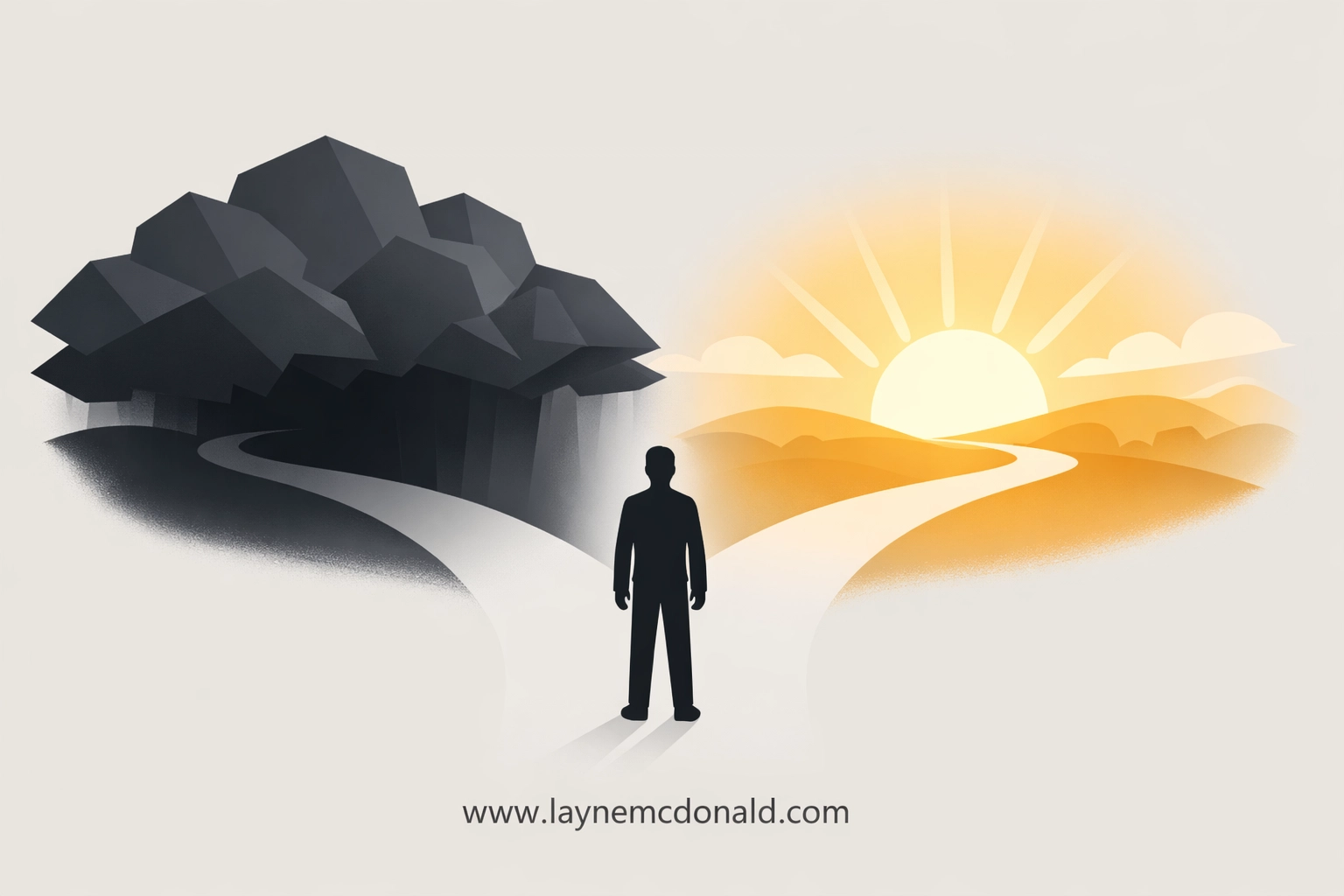 A person at a crossroads choosing between dark clouds of condemnation and the light of spiritual conviction.