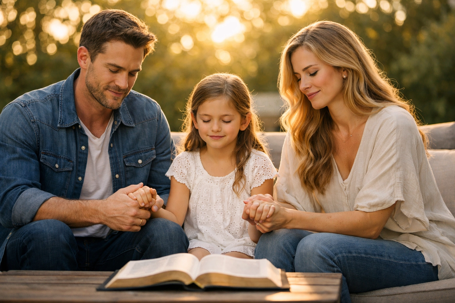 A Christian family prays together over an open Bible on a sunny porch for divine healing and wholeness.