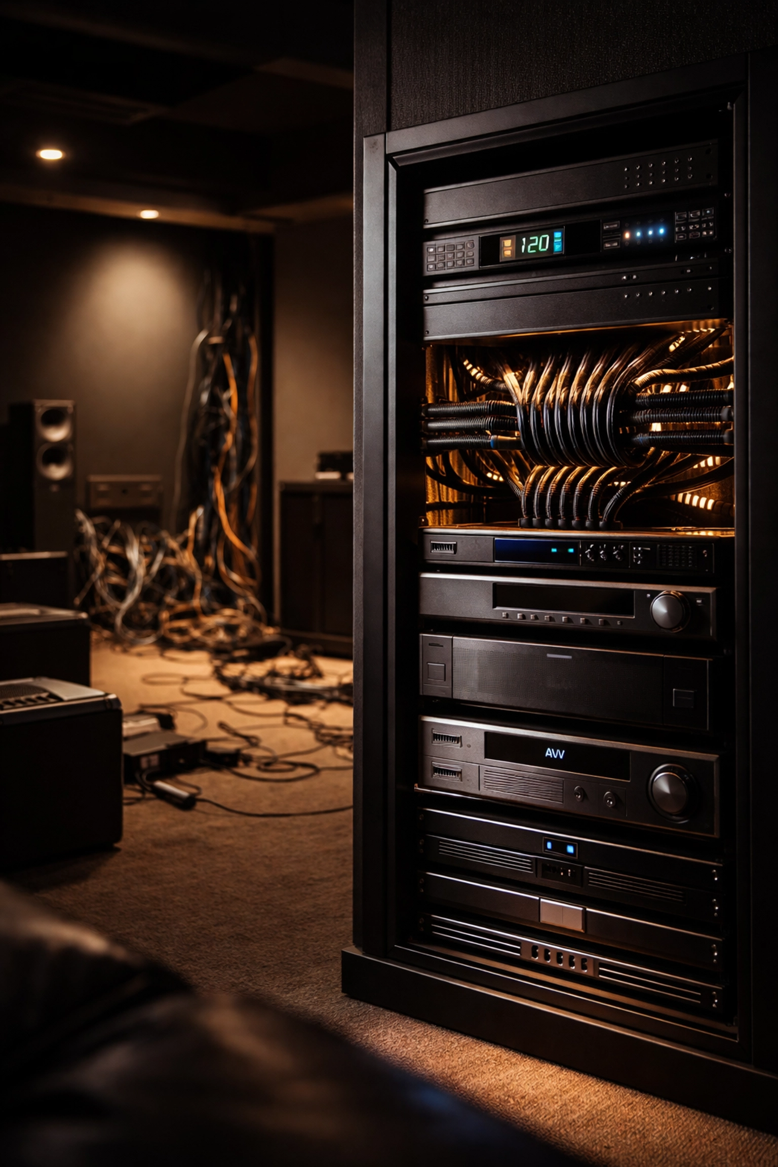 Organized home theater equipment rack demonstrates professional installation versus DIY wiring mistakes