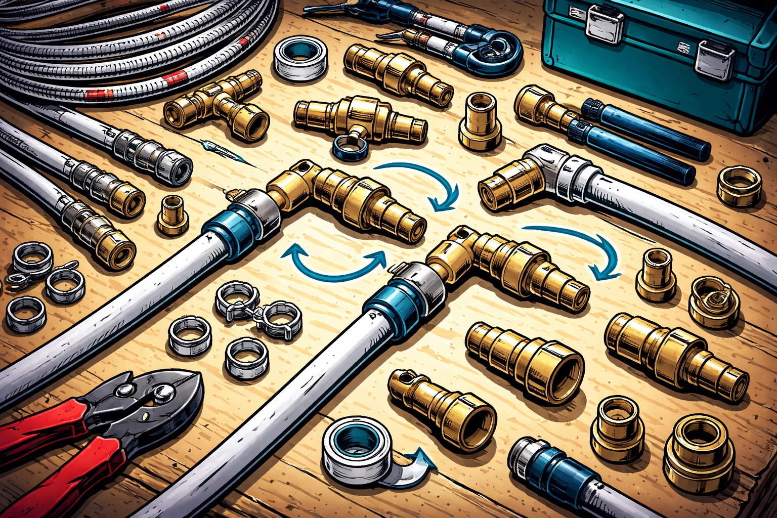 Organized RV workbench with PEX tubing, adapters, tools, and fittings for custom plumbing projects and repairs