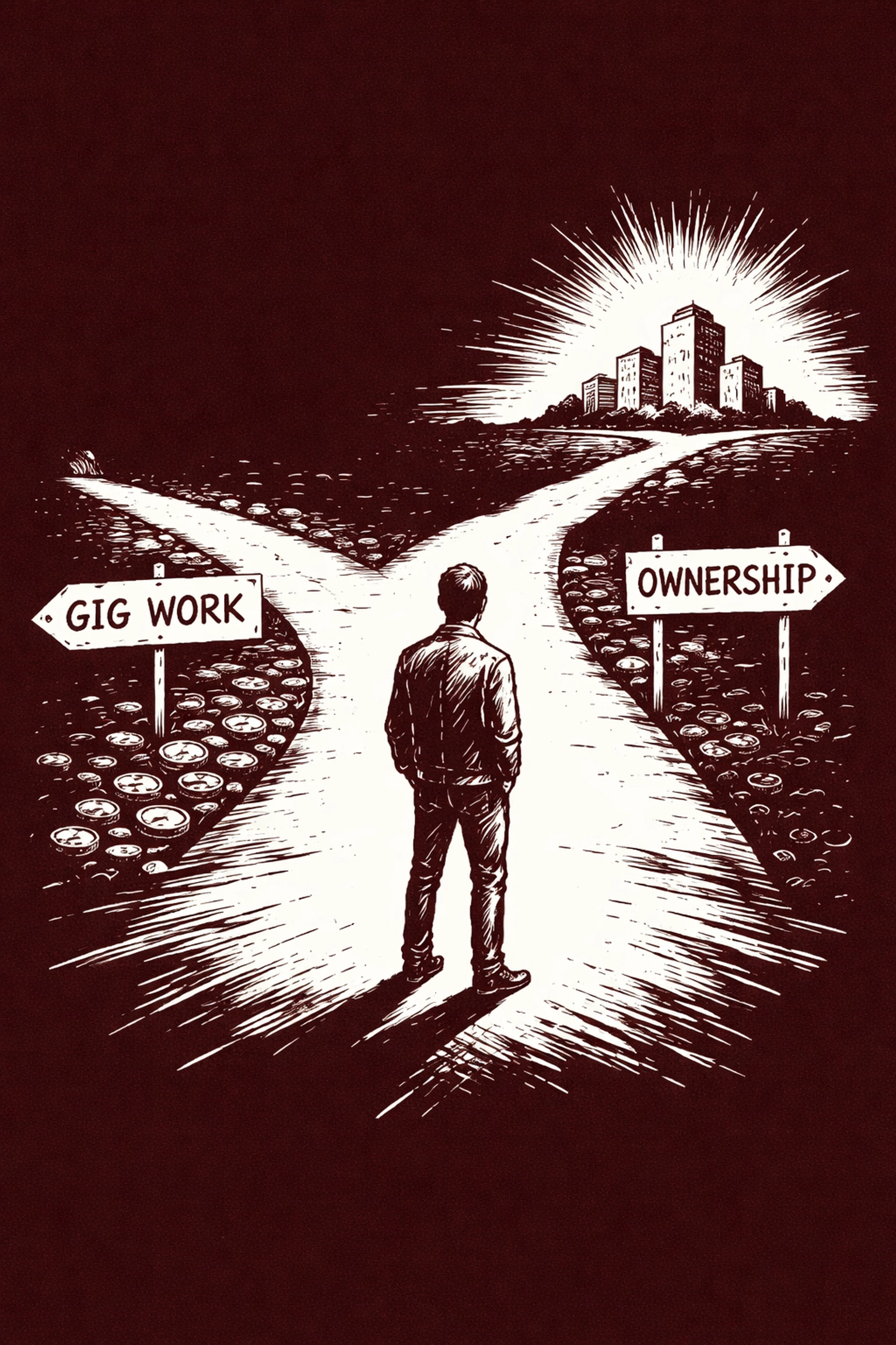 Illustration of a creative entrepreneur choosing between gig work and ownership at a crossroads