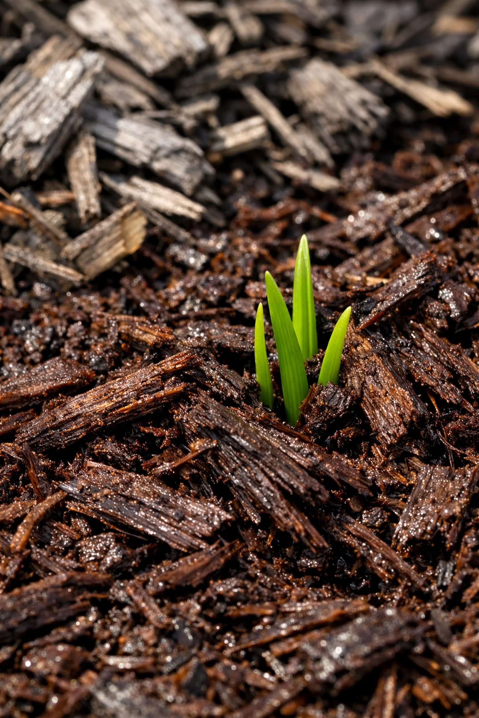 Close-up comparison of premium dark hardwood mulch versus low-quality wood chips for landscaping.
