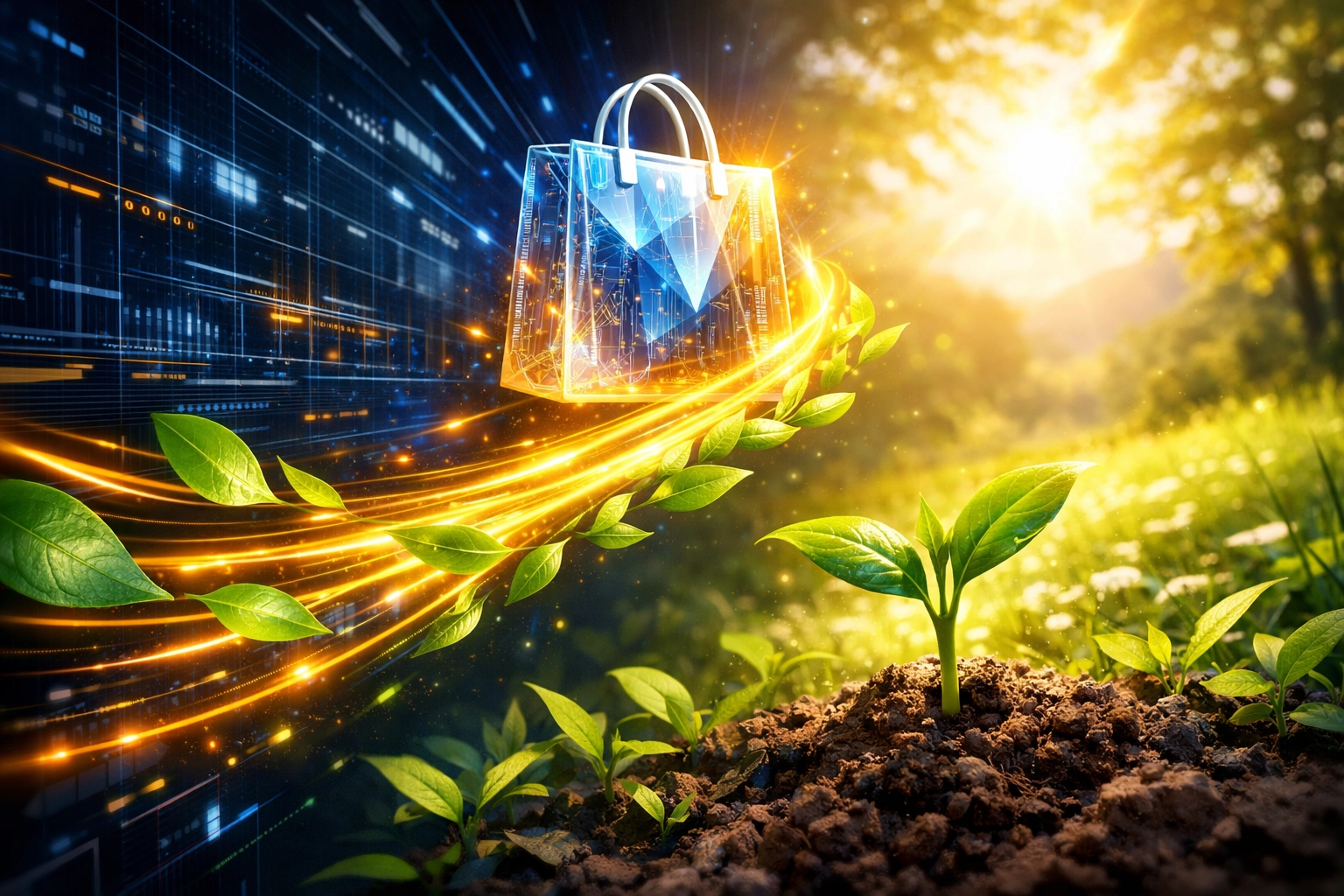 Digital shopping bag turning into plants, symbolizing how Larecoin.ai transactions support social impact causes.