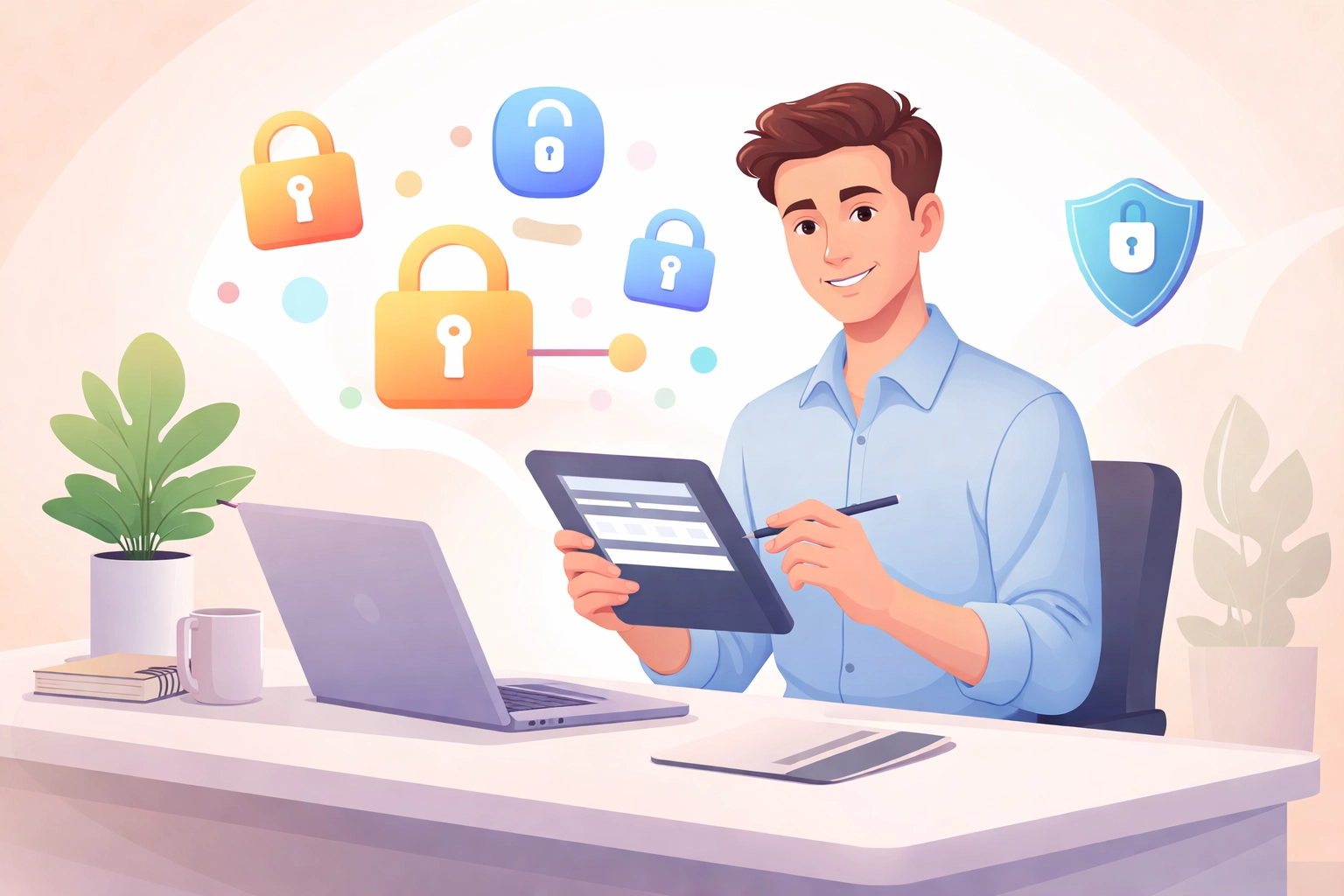 Office worker setting permissions for secure unified access to HR, CRM, and project management data