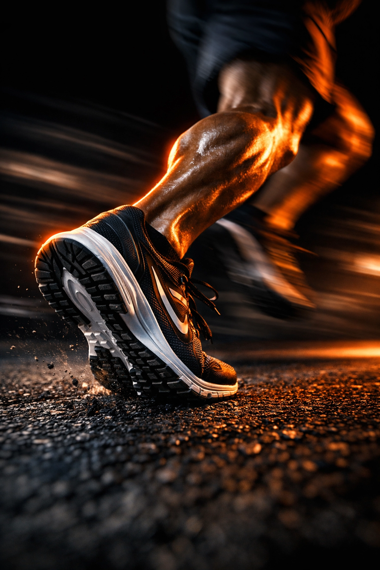 Alt Text: Close-up, high-contrast image of a runner’s feet mid-stride on asphalt with slight motion blur; bold shadows and warm orange highlights show efficient foot strike and smooth turnover—illustrating strong running biomechanics.