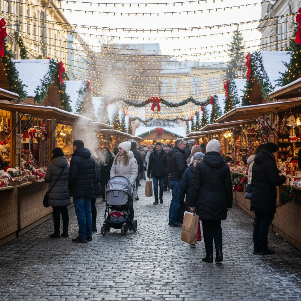 Christmas Village at LOVE Park with festive vendor huts and holiday lights Christmas Village at LOVE Park with festive vendor huts and holiday lights