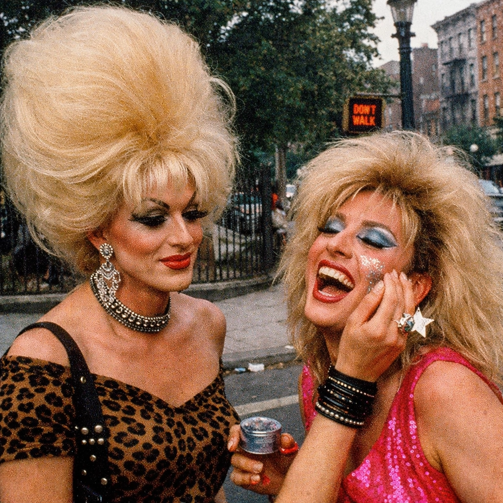 Vintage drag queens with big blonde wigs laughing in New York's East Village during the early days of Wigstock.