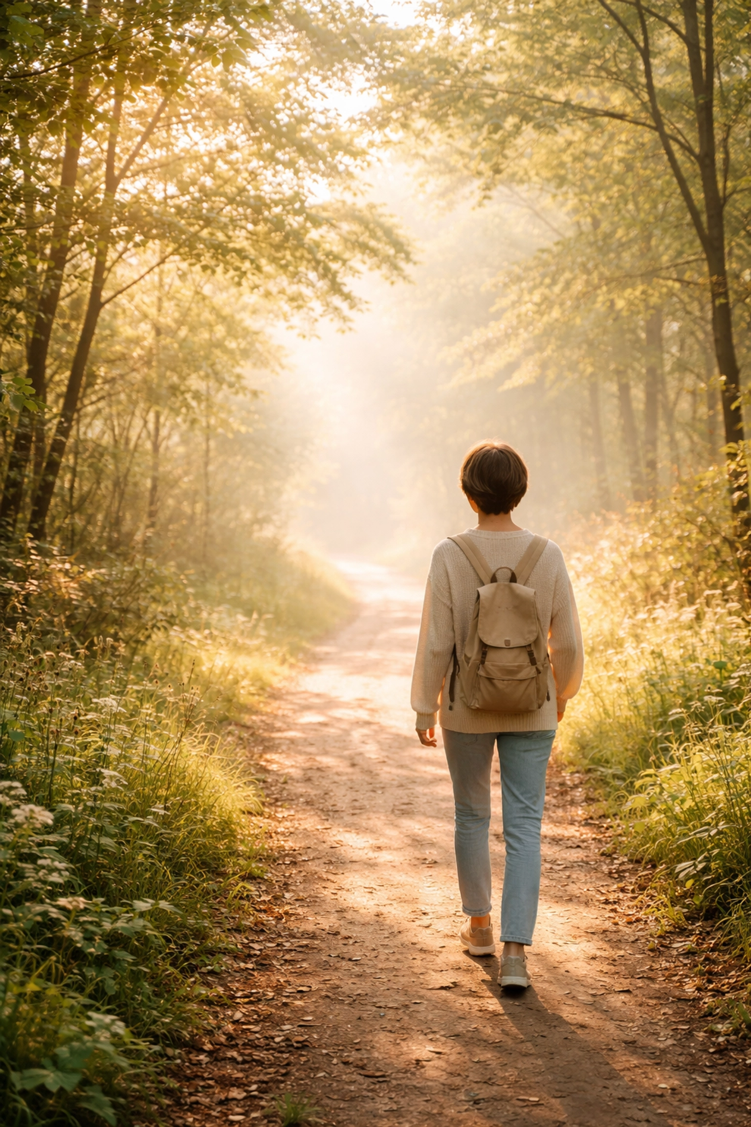 Individual at the start of a sunlit path, symbolizing taking the first courageous step into therapy.