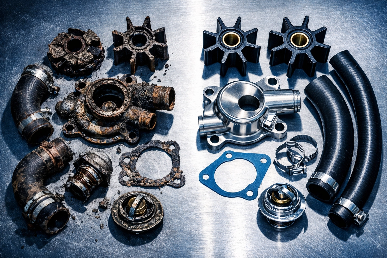 Worn boat engine parts compared to new replacements showing cost of deferred maintenance