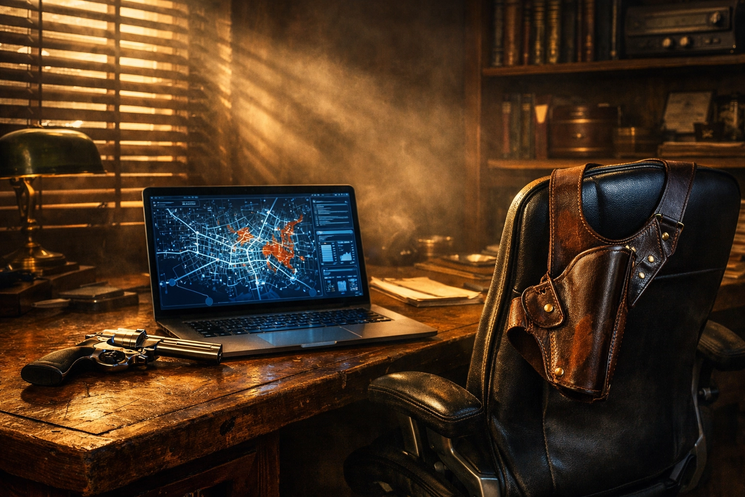A detective's desk with a vintage revolver and modern laptop, blending classic and contemporary suspense.