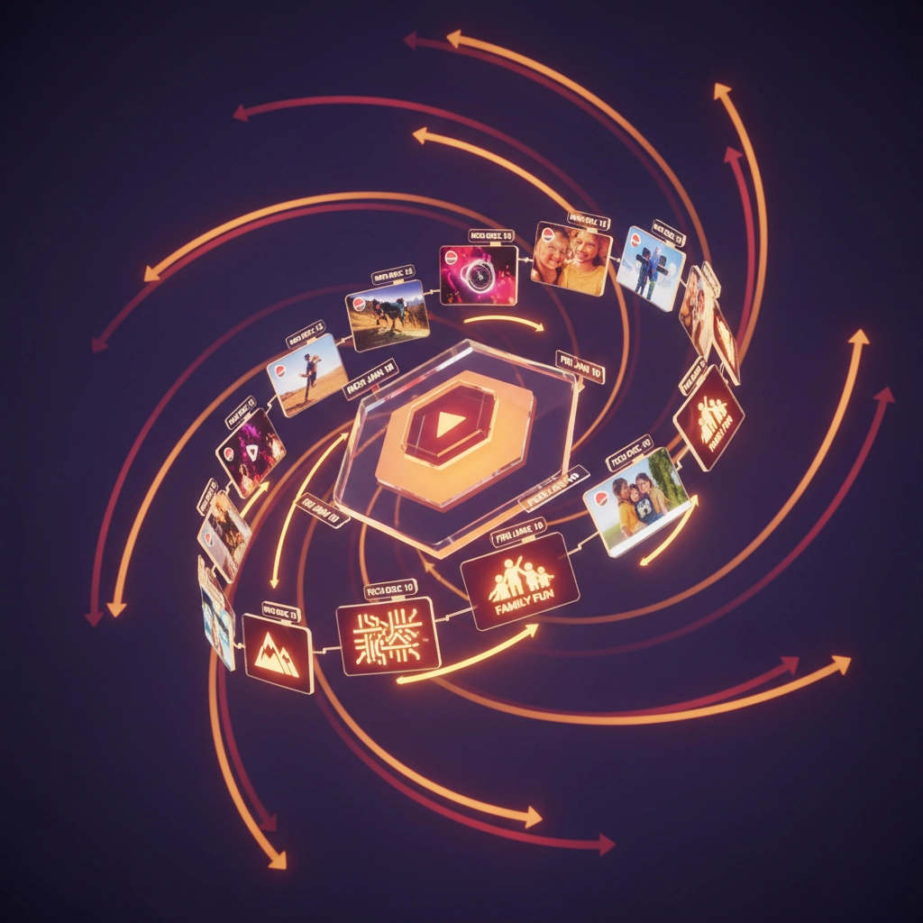 A dynamic visual representation of digital media sharing, showcasing various content types like family photos, adventure snippets, and creative videos swirling around a central hub, illustrating the interconnectedness of multimedia platforms.


