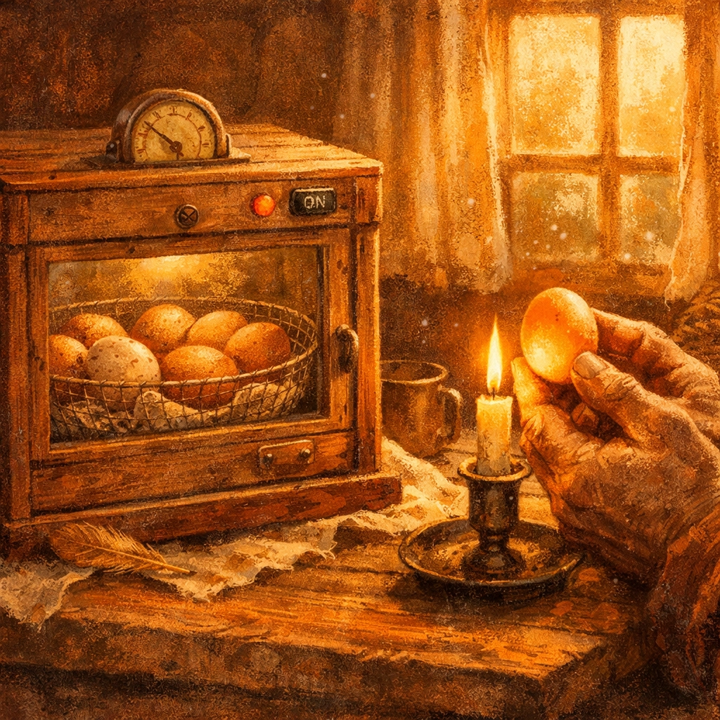 Farmer candling brown eggs in incubator at Faithful Flock Farm