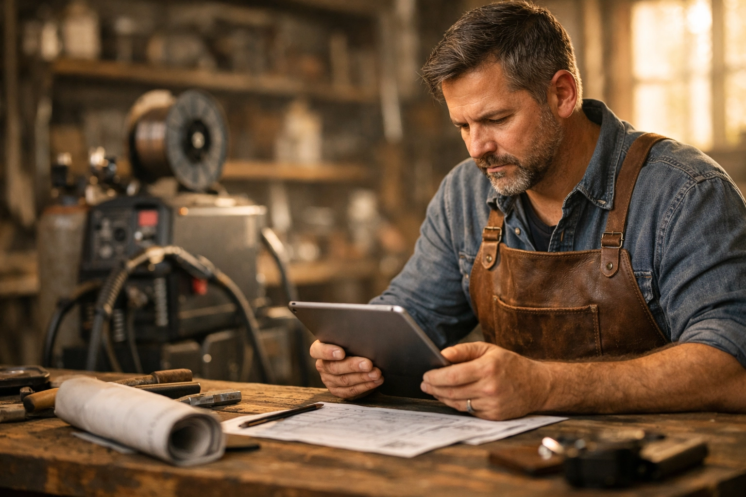 Small business owner in a workshop looking at project plans near a MIG welding gas cylinder setup.