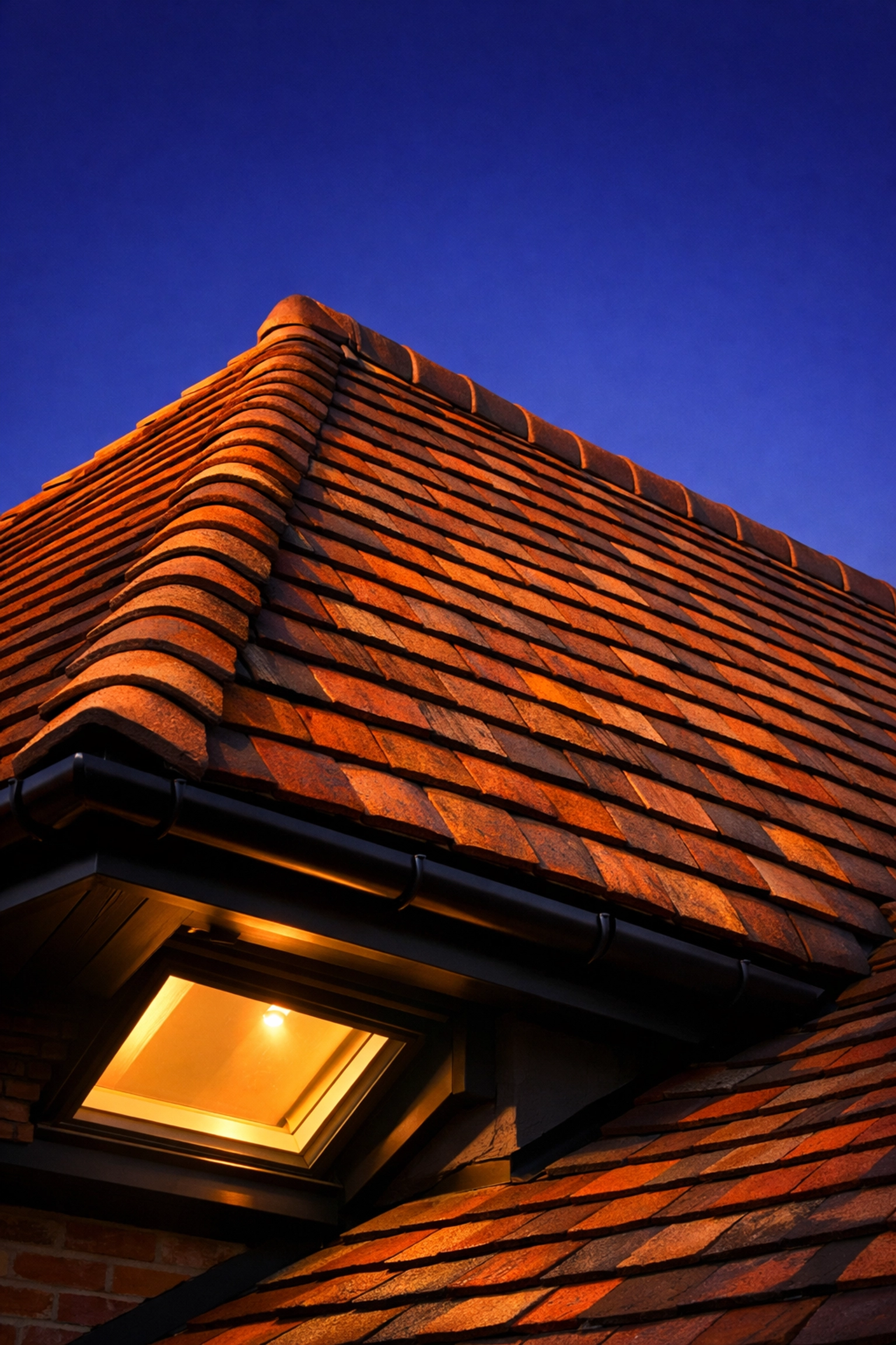 Completed high-quality clay tile roof with modern skylight on a luxury West Sussex home.