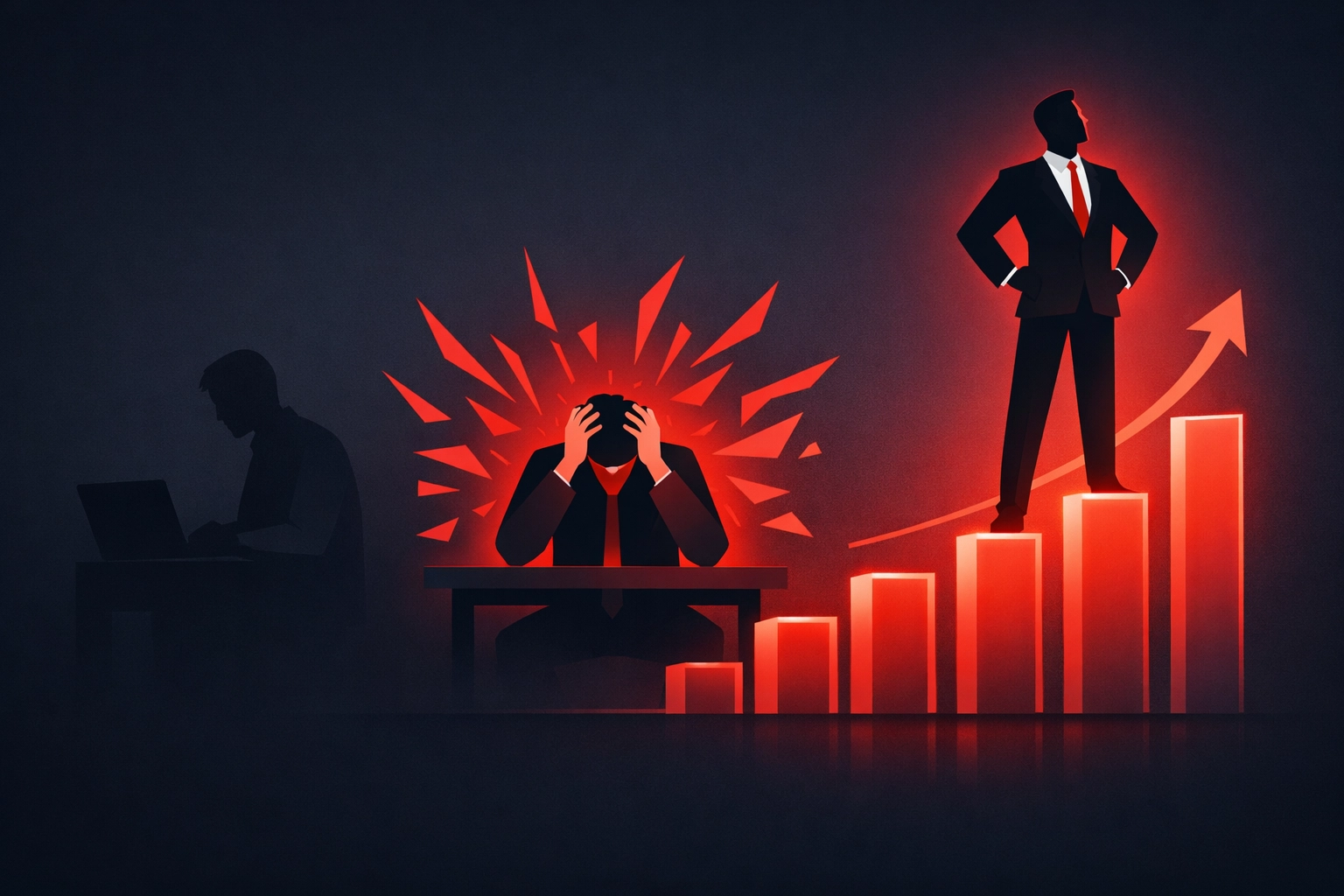 Illustration of tradesperson business growth from invisible to a successful scaling professional.