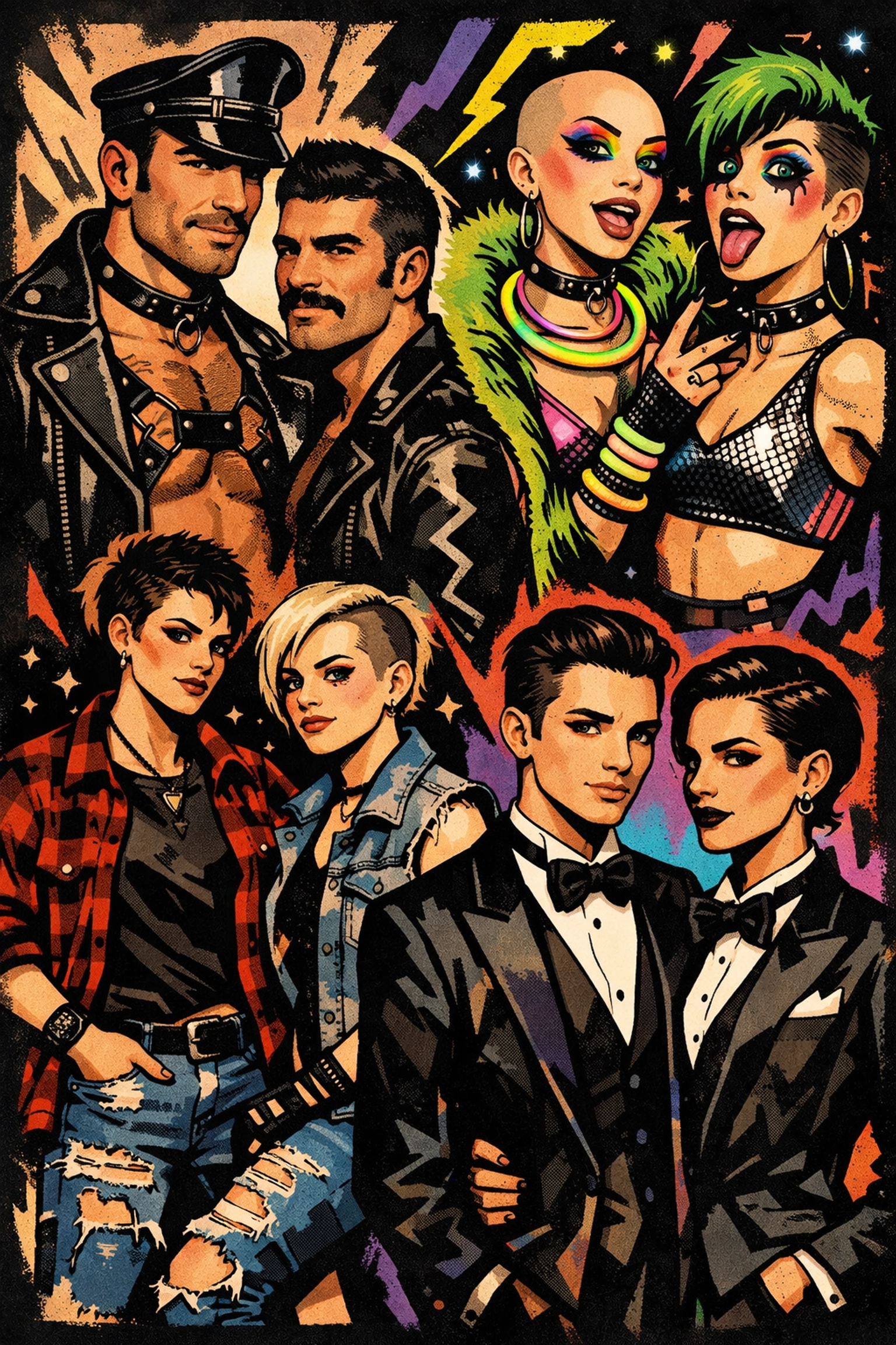 Queer subculture fashion styles including leather, flannel, and club kid aesthetics