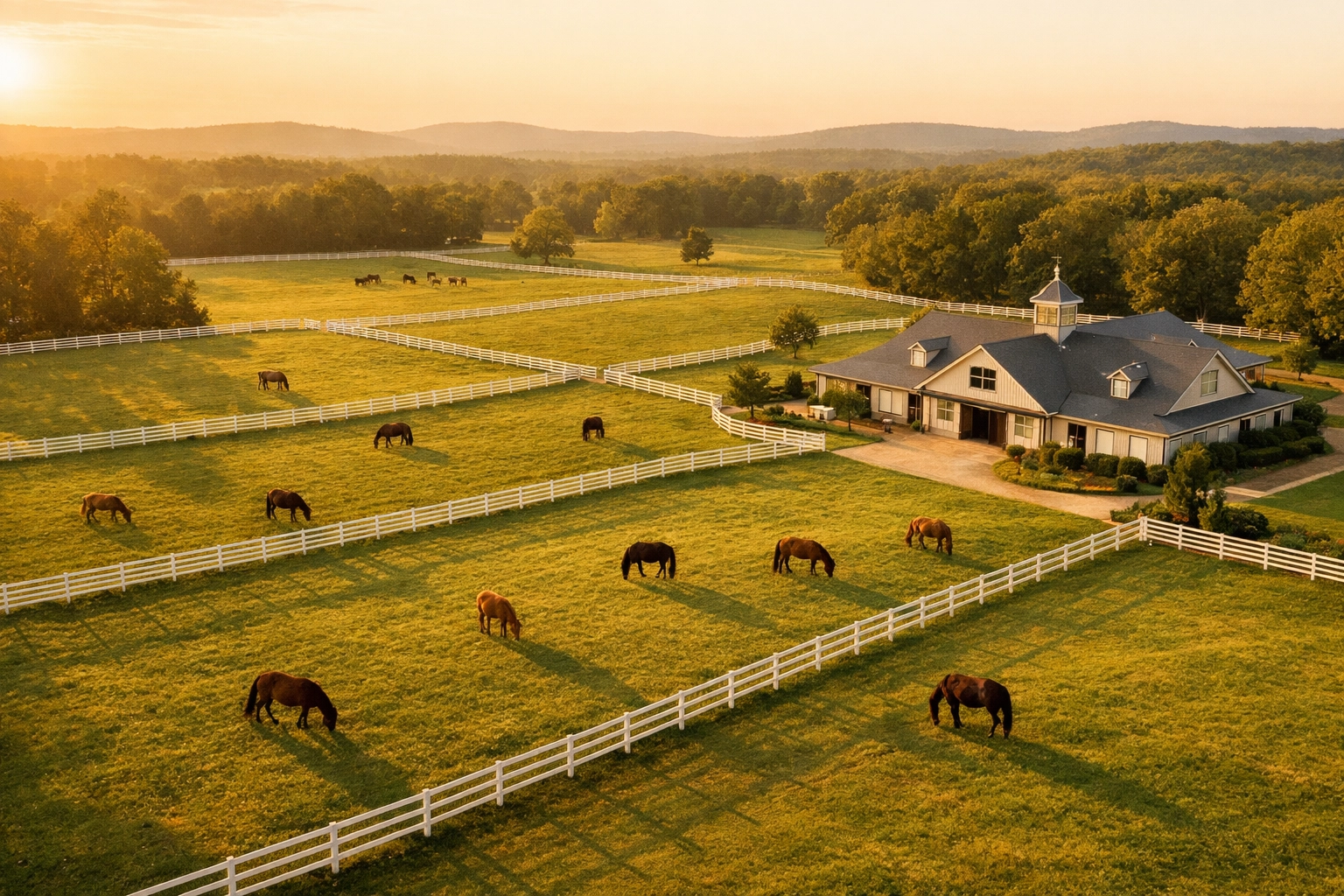 Aerial view of Charlotte horse farm with white fencing, barn, and horses grazing in pastures