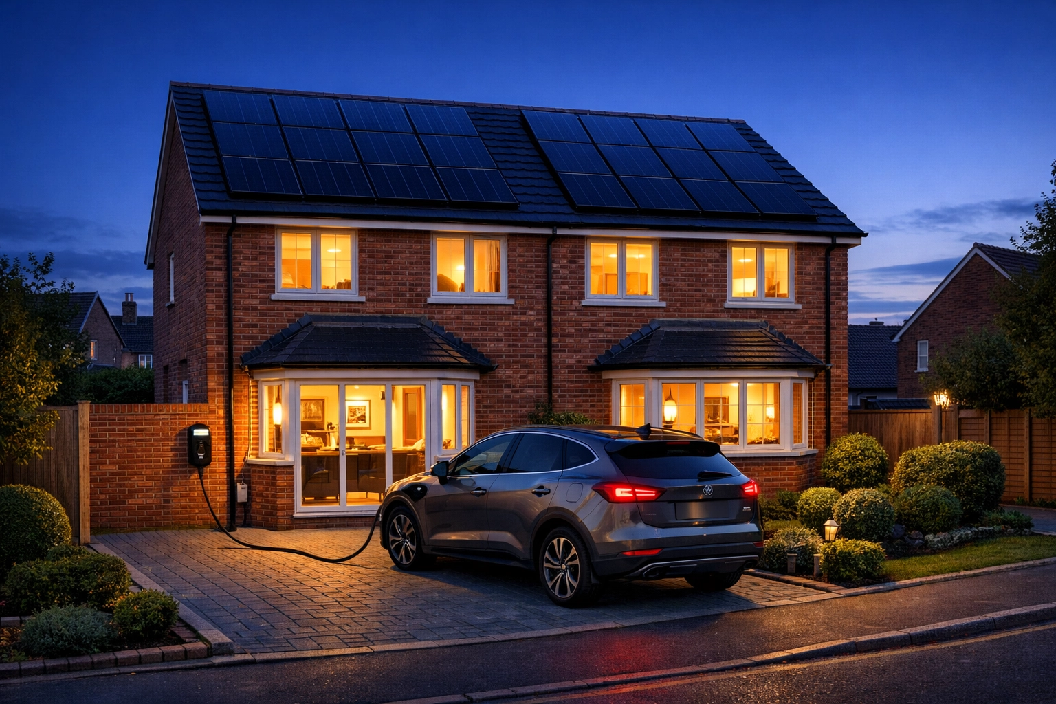 Modern semi-detached UK house with all-black solar panels and a home EV charging station at dusk.