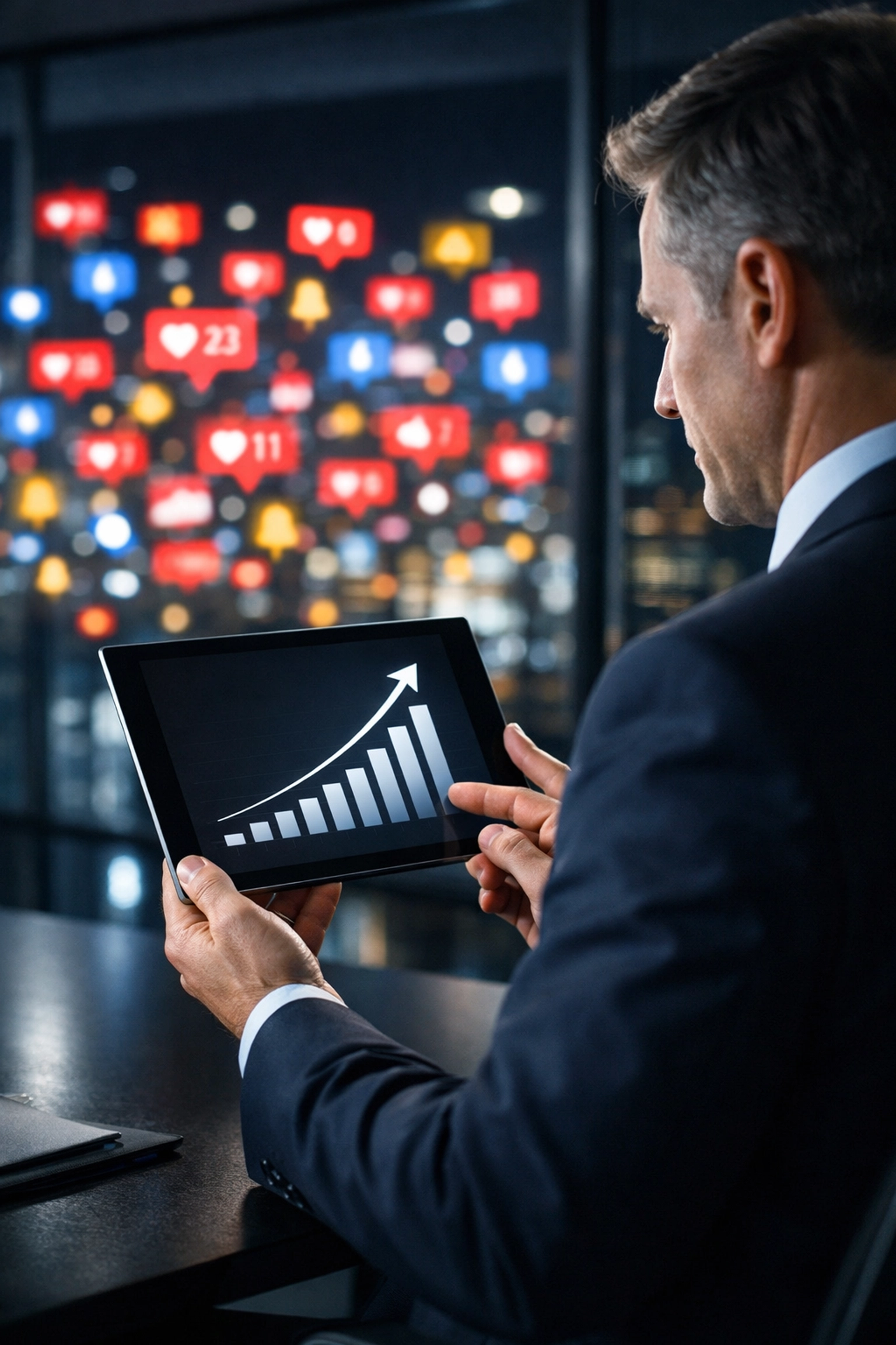 Business executive analyzing a sales growth graph to measure Super Bowl marketing ROI.