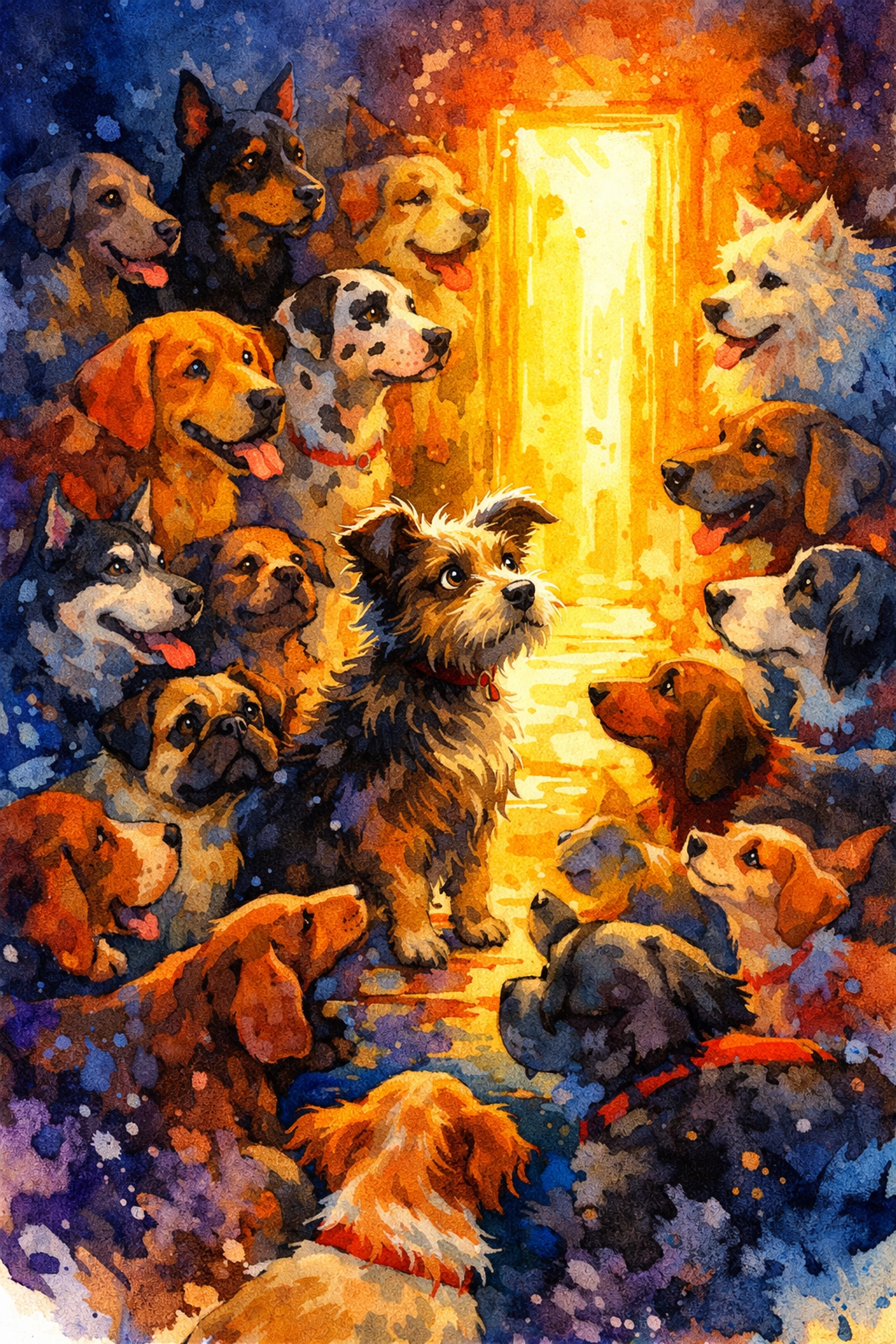 A group of colorful dogs in a crowded space looking toward a bright doorway to a new life.