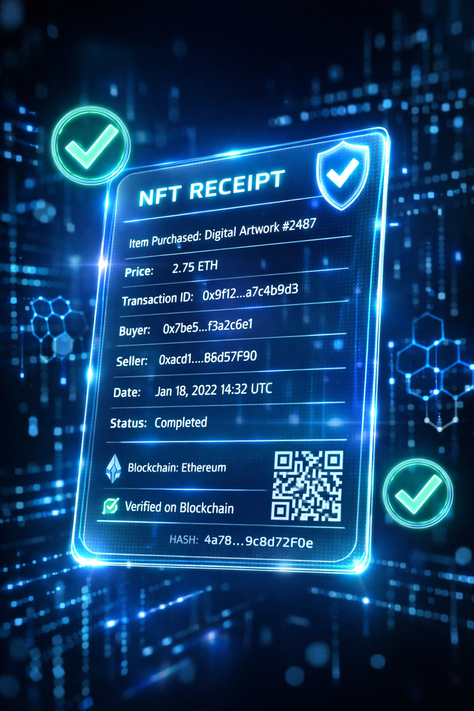 NFT receipt showing blockchain transaction verification and tax documentation for crypto payments