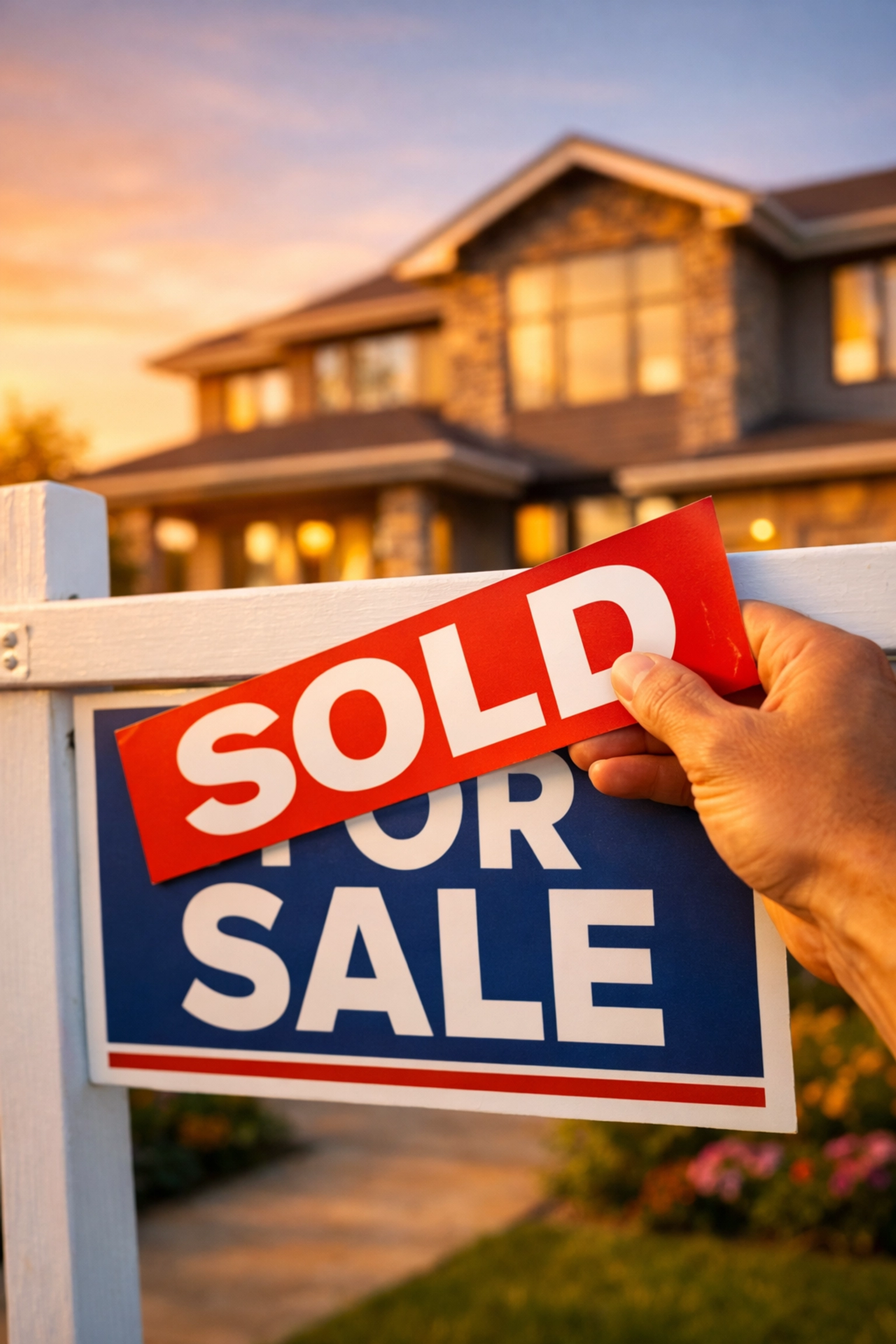 Real estate agent placing a sold sign after completing the best real estate school Oklahoma program.
