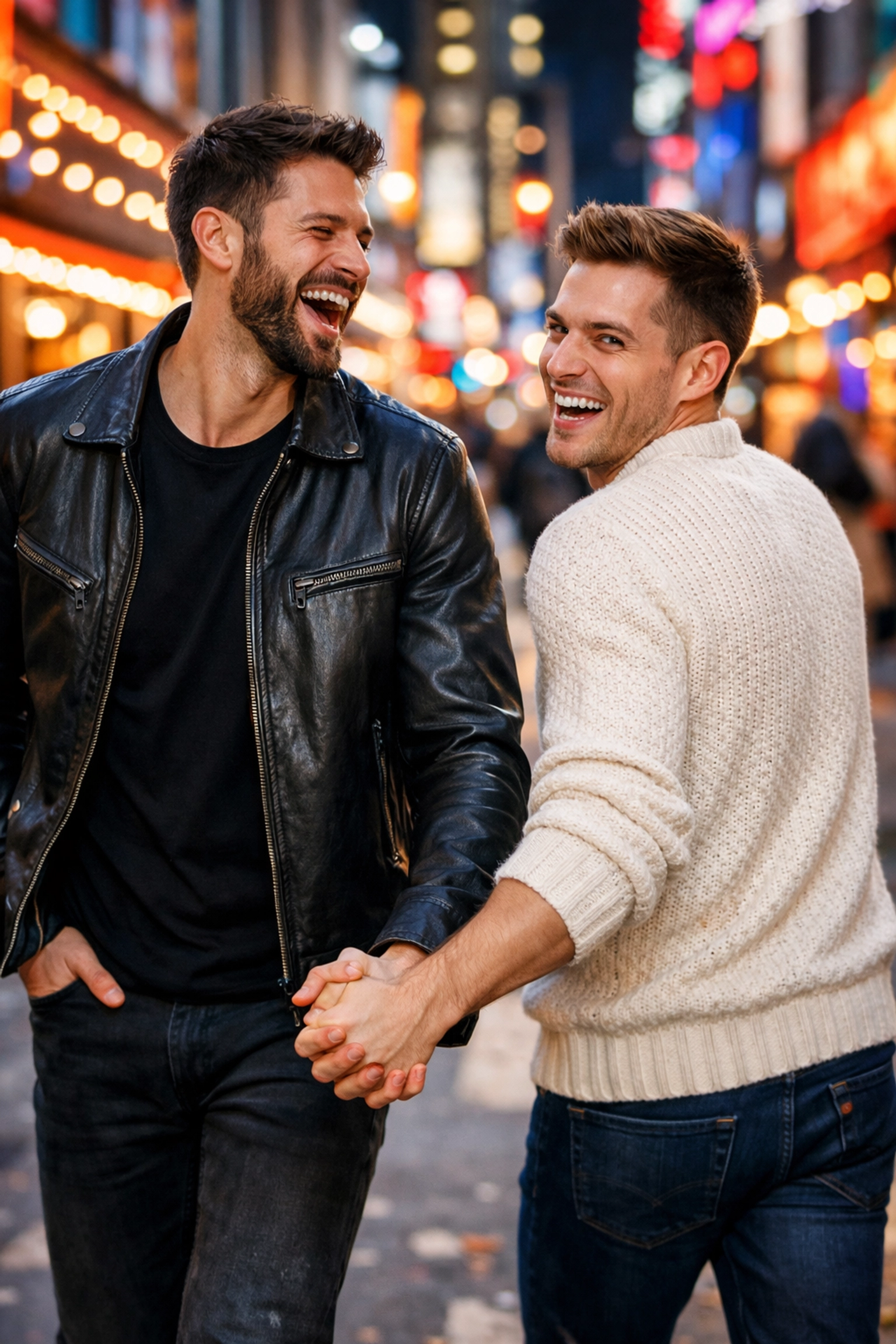 A stylish couple holding hands and laughing in the city, representing a fun MM contemporary romance theme.