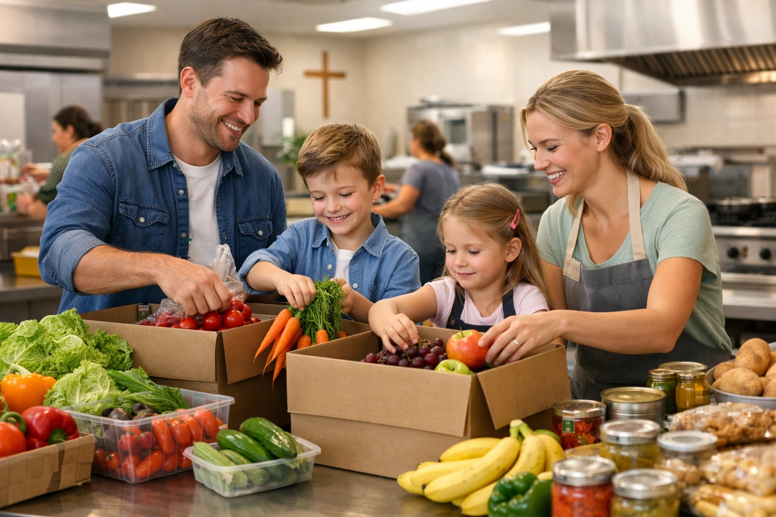 Christian family packing food boxes for community outreach, demonstrating generous stewardship.