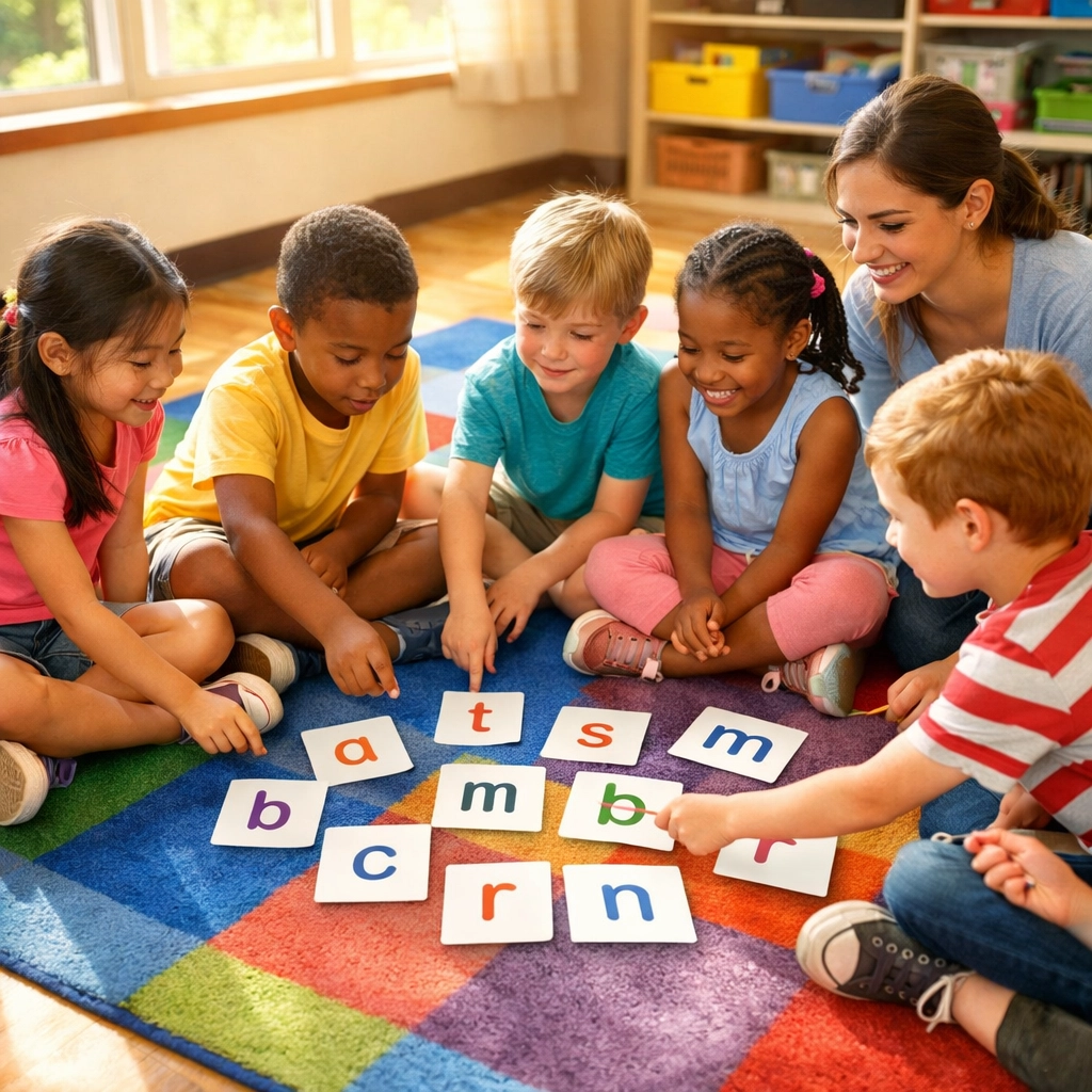 Elementary students learning phonics with letter cards in Ontario classroom