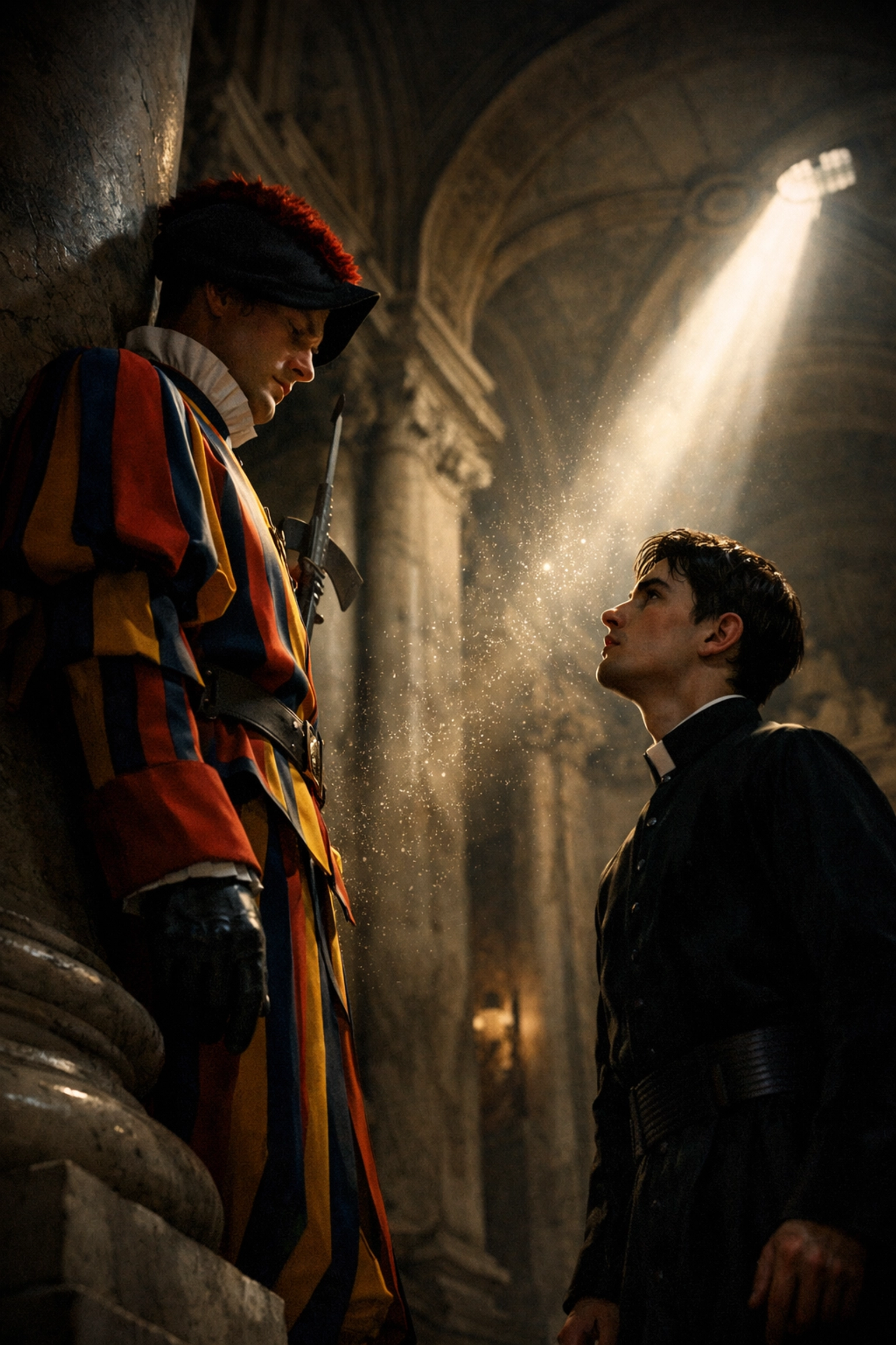 A Swiss Guard and a scholar sharing a secret encounter in a sun-drenched Vatican corridor, reflecting the high stakes of queer fiction.